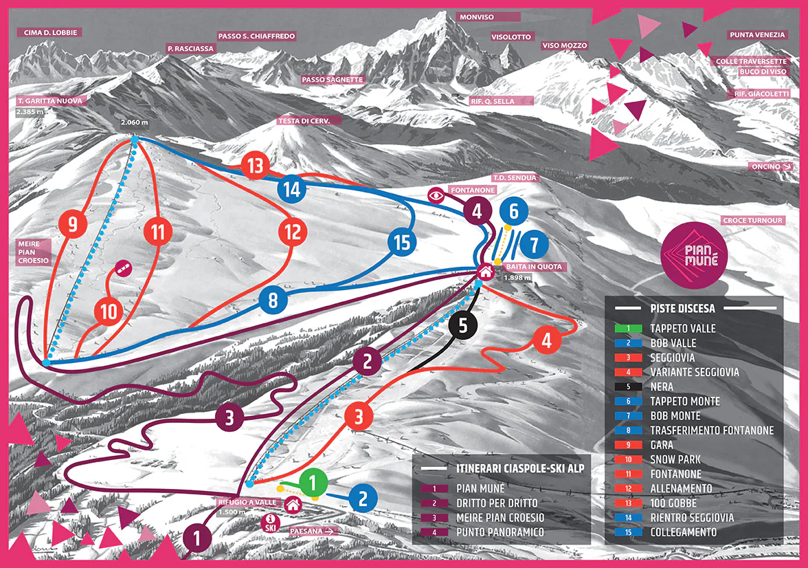 Pistenplan Pian Munè 2025/26 – Übersichtskarte mit Pisten, Liften und Bergbahnen