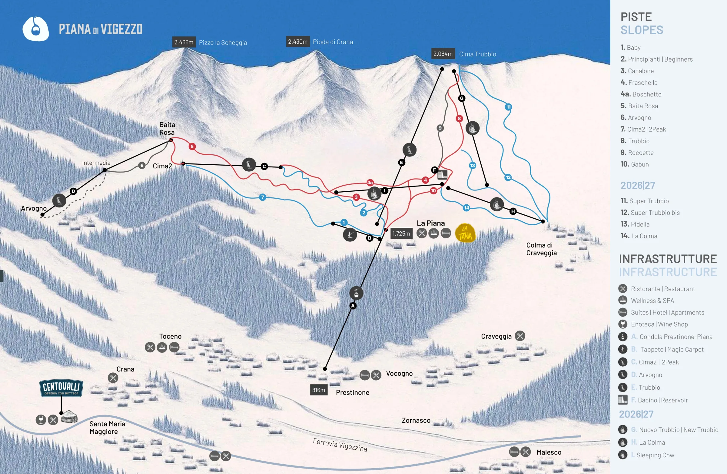 Pistenplan Piana di Vigezzo 2025/26 – Übersichtskarte mit Pisten, Liften und Bergbahnen