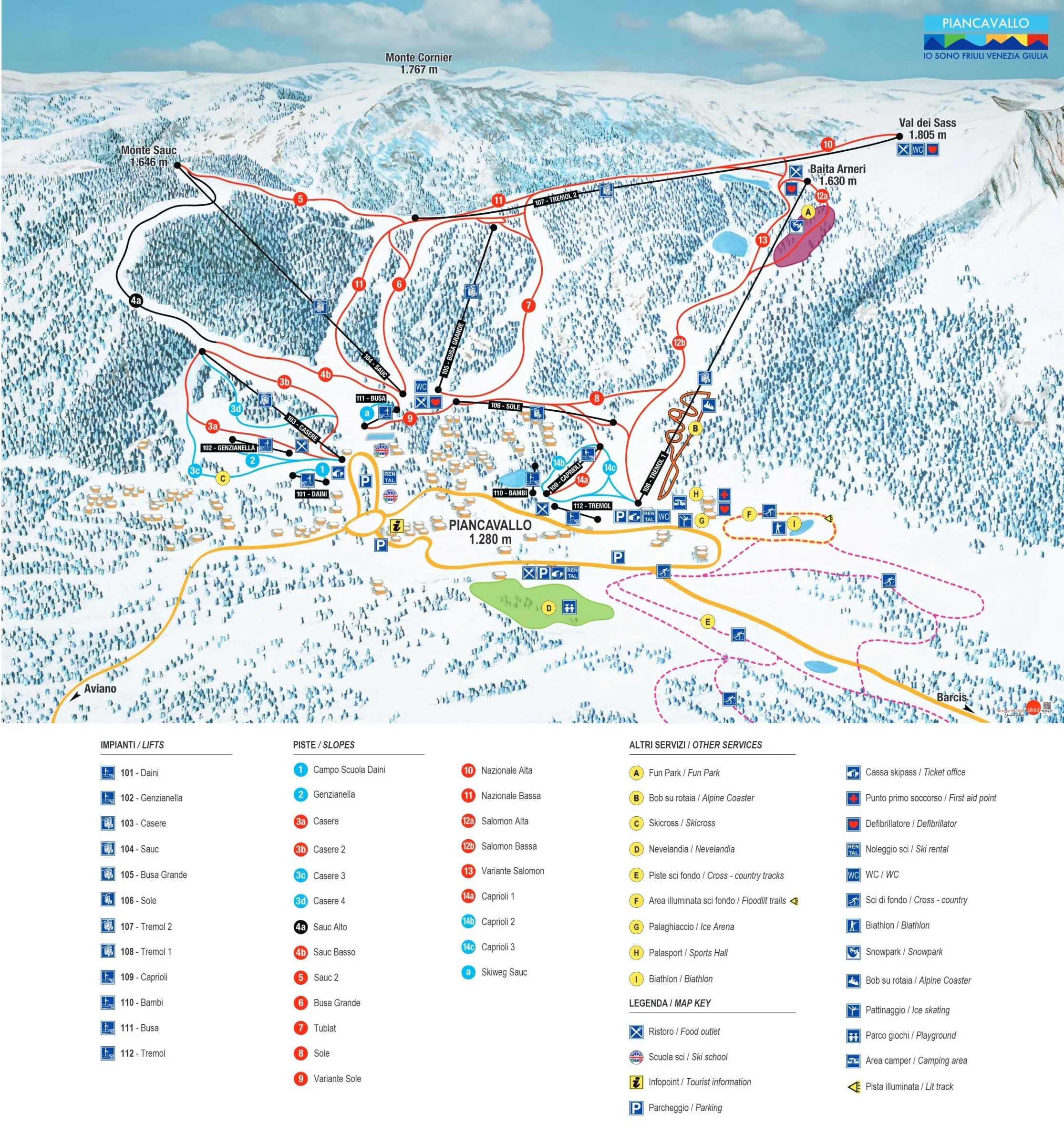 Pistenplan Piancavallo 2025/26 – Übersichtskarte mit Pisten, Liften und Bergbahnen