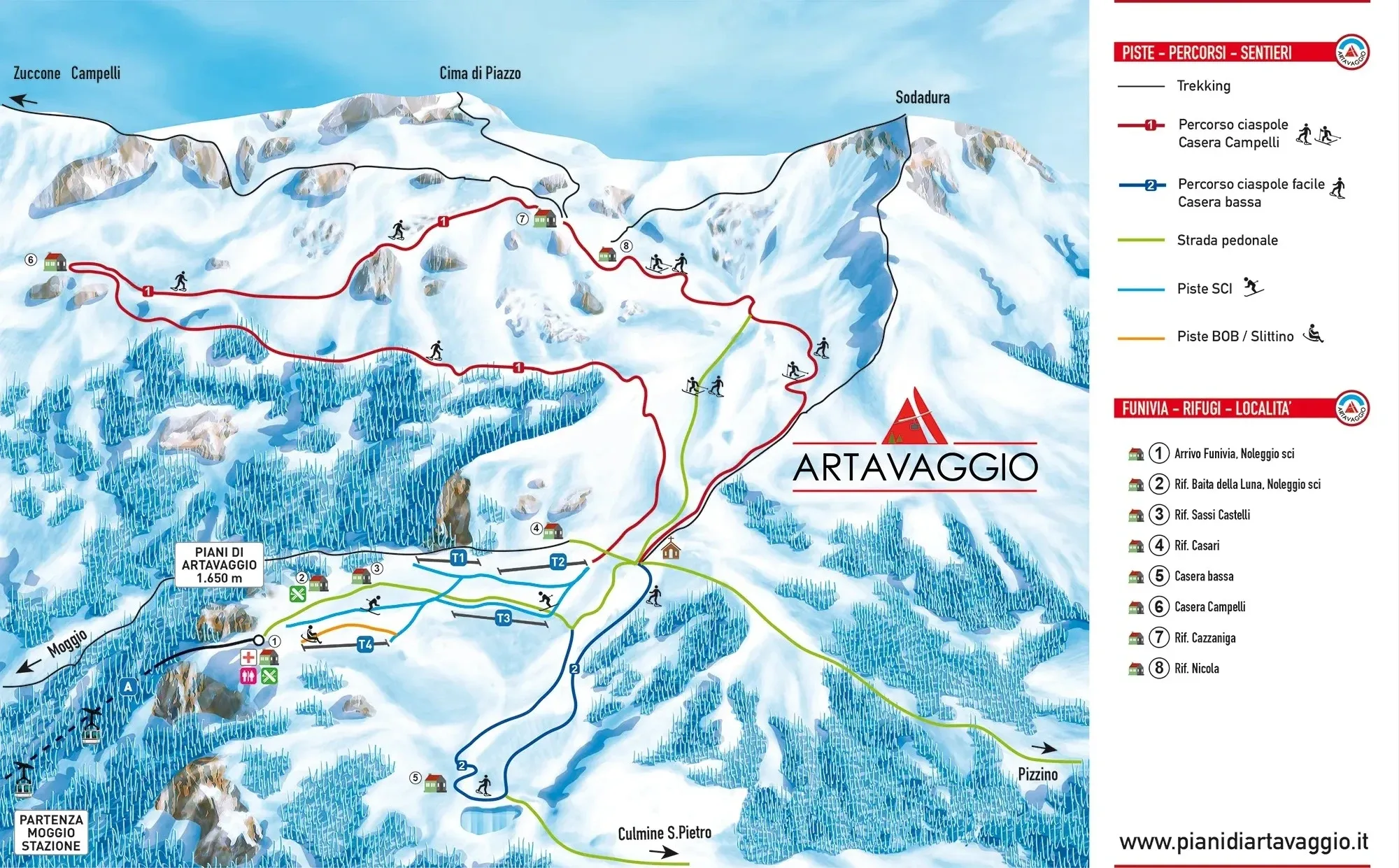 Pistenplan Piani di Artavaggio (Moggio) 2025/26 – Übersichtskarte mit Pisten, Liften und Bergbahnen