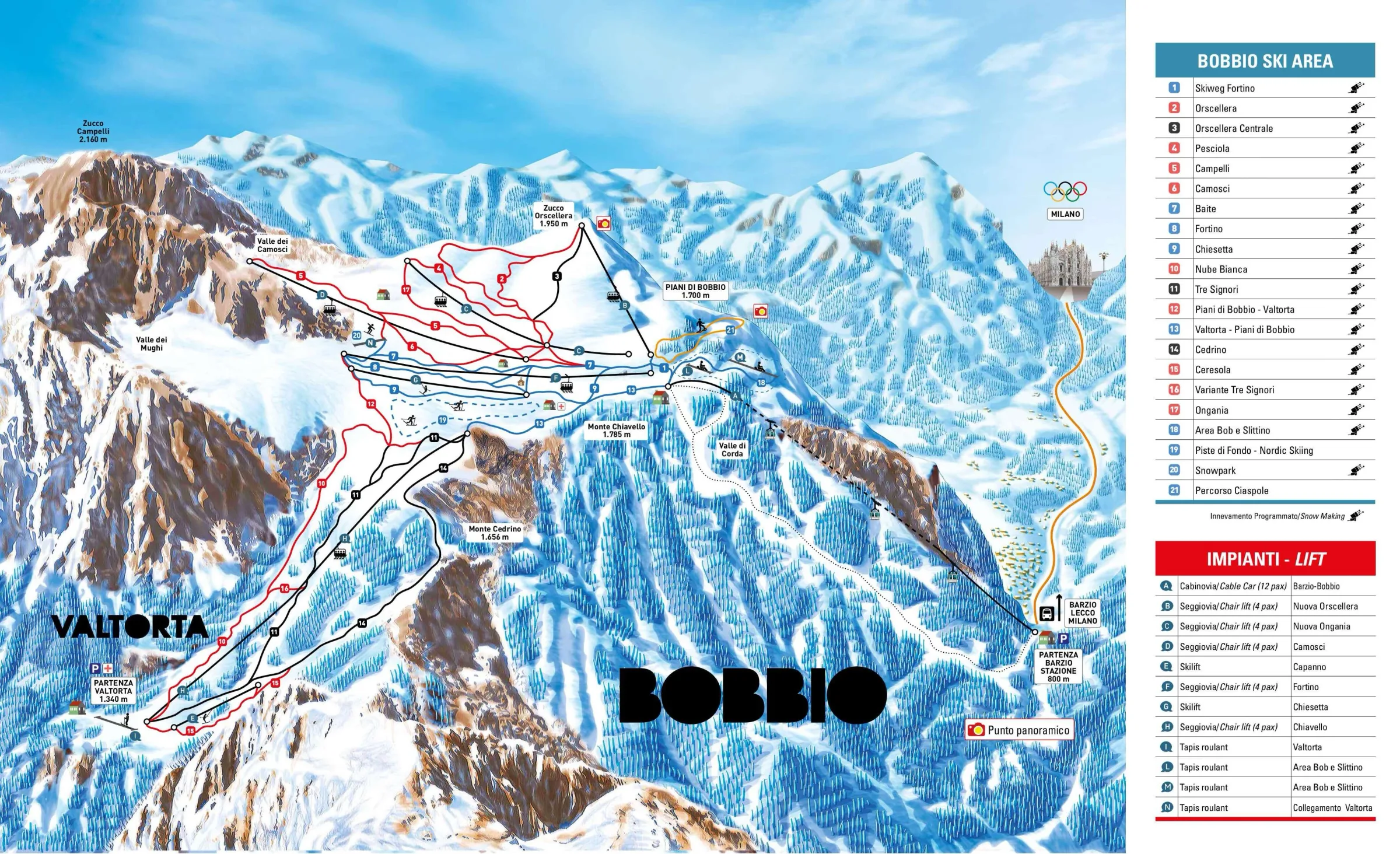 Pistenplan Piani di Bobbio – Valtorta 2025/26 – Übersichtskarte mit Pisten, Liften und Bergbahnen