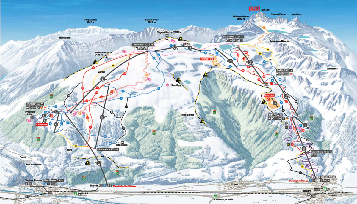 Pistenplan Pizol 2025/26 – Übersichtskarte mit Pisten, Liften und Bergbahnen