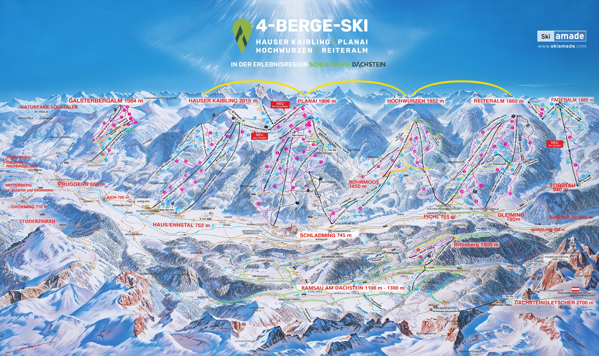 Pistenplan Planai & Hochwurzen (Schladming) 2026/27 – Übersichtskarte mit Pisten, Liften und Bergbahnen