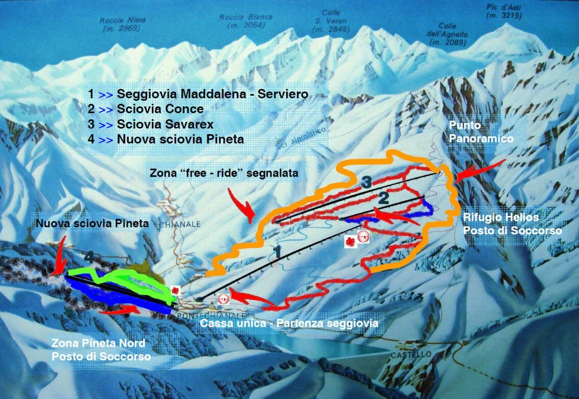 Pistenplan Pontechianale 2025/26 – Übersichtskarte mit Pisten, Liften und Bergbahnen