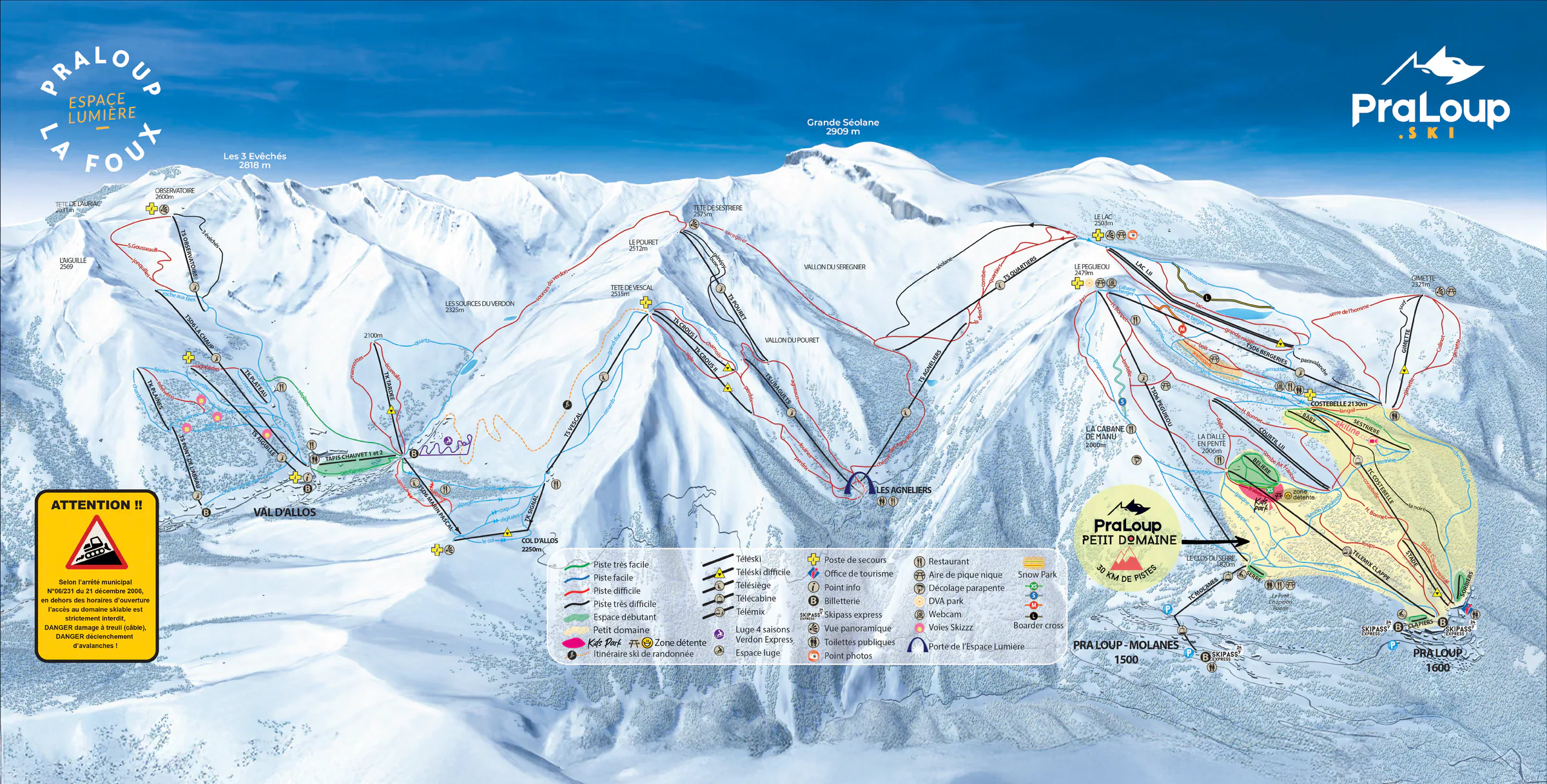 Pistenplan Pra Loup 2025/26 – Übersichtskarte mit Pisten, Liften und Bergbahnen
