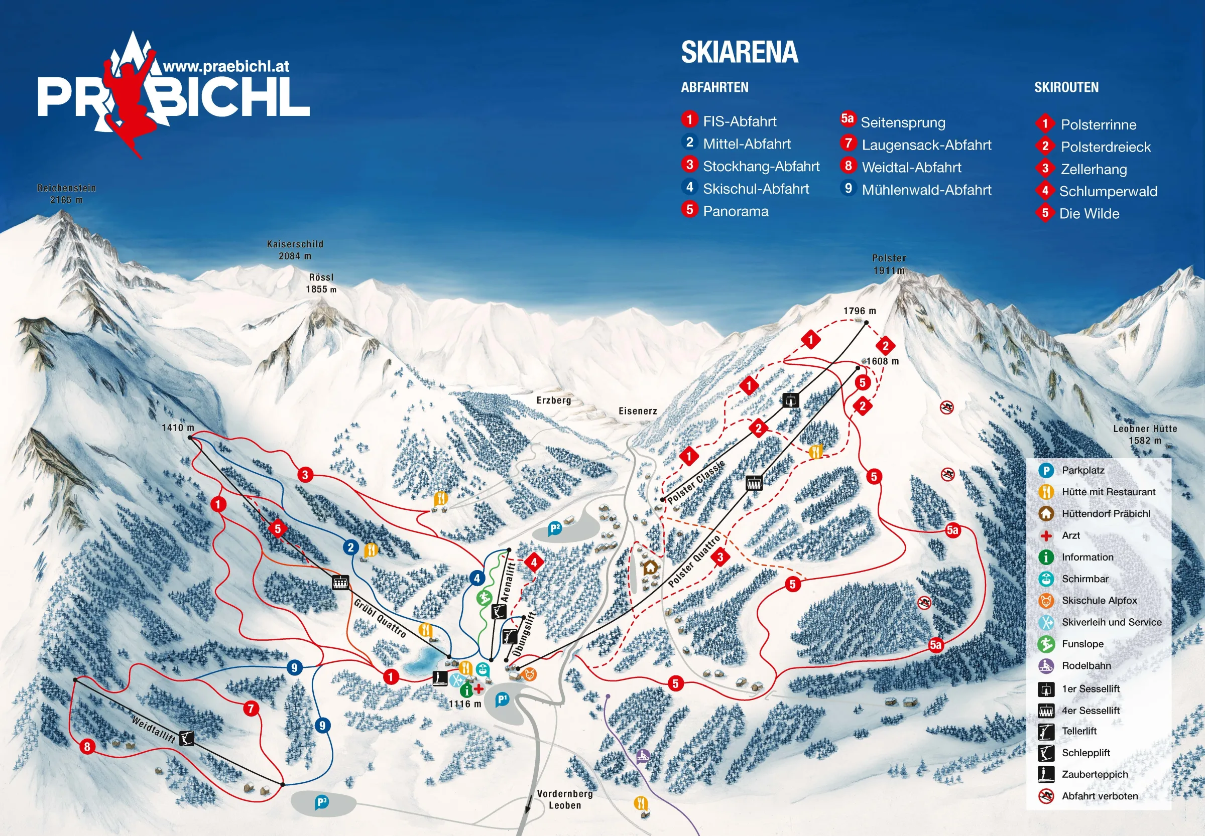 Pistenplan Präbichl (Vordernberg/Eisenerz) 2025/26 – Übersichtskarte mit Pisten, Liften und Bergbahnen