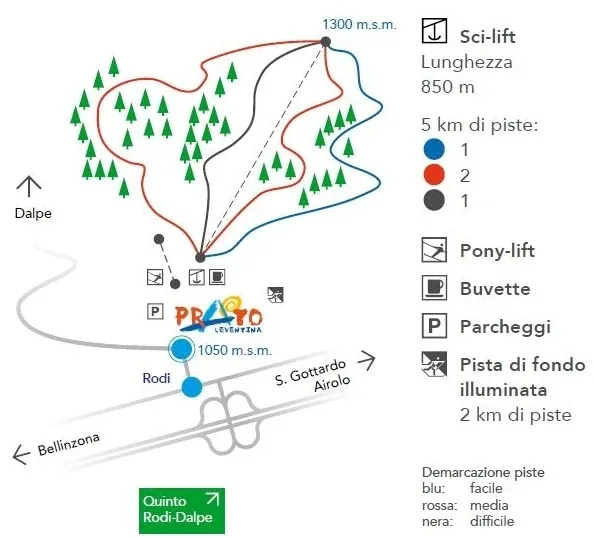 Pistenplan Prato Leventina 2025/26 – Übersichtskarte mit Pisten, Liften und Bergbahnen
