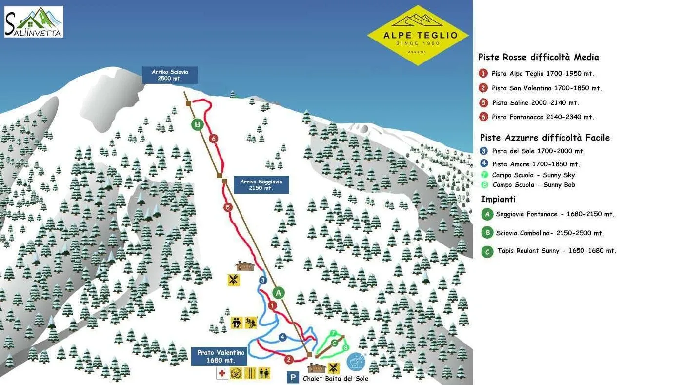 Pistenplan Prato Valentino (Teglio) 2025/26 – Übersichtskarte mit Pisten, Liften und Bergbahnen
