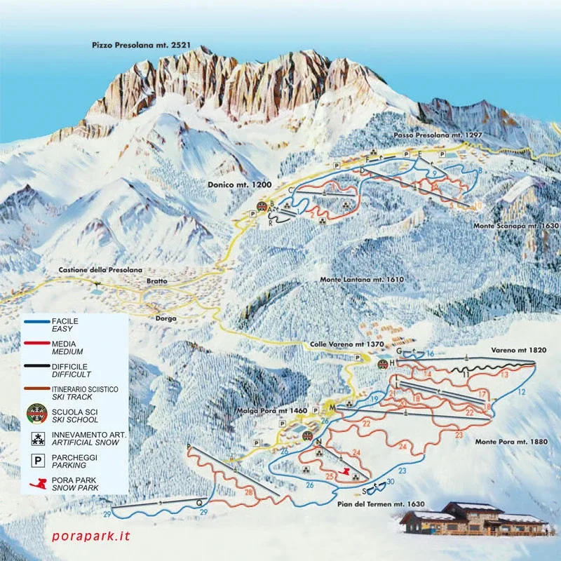 Pistenplan Presolana – Monte Pora 2025/26 – Übersichtskarte mit Pisten, Liften und Bergbahnen