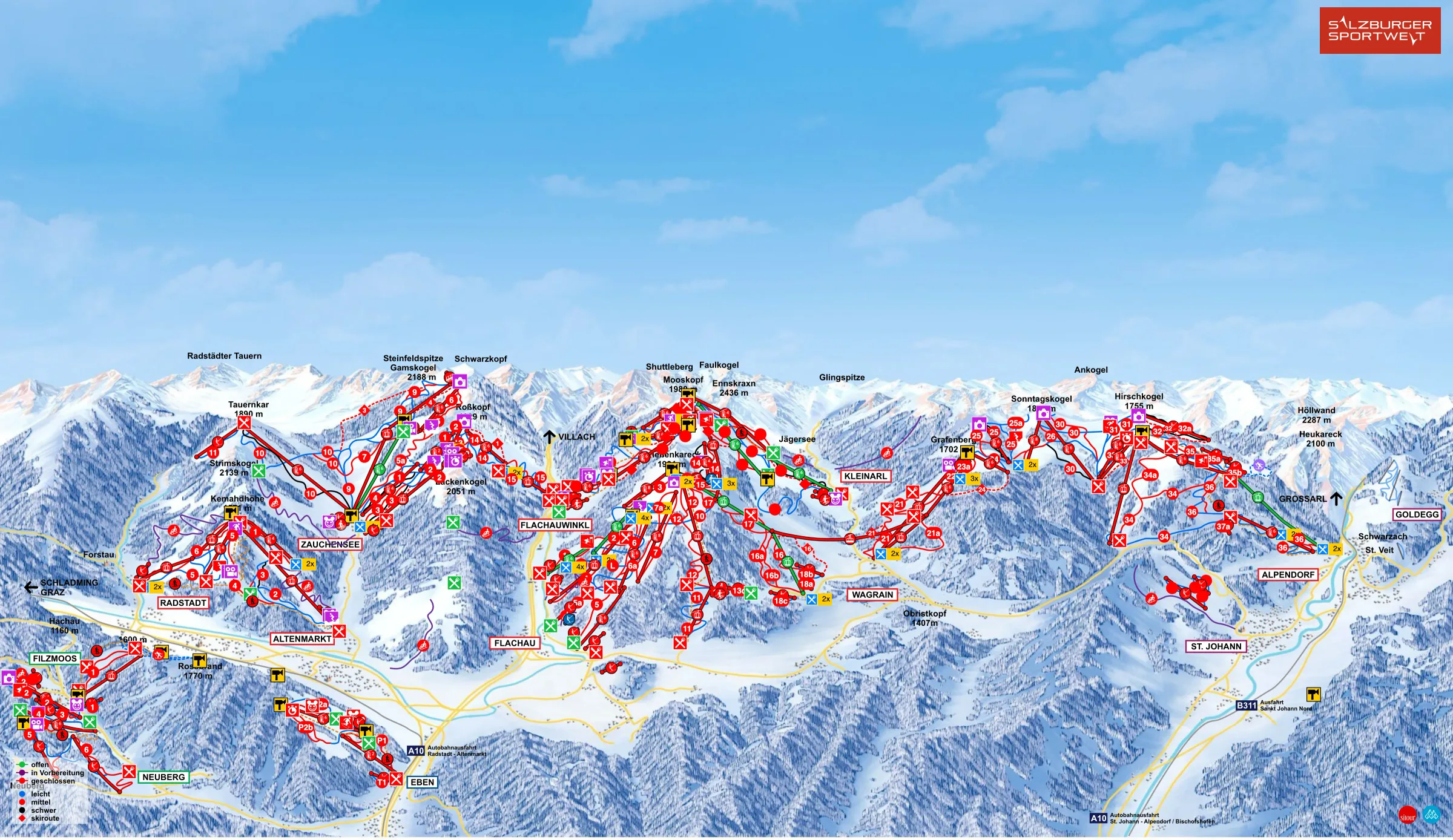 Pistenplan Radstadt–Altenmarkt 2025/26 – Übersichtskarte mit Pisten, Liften und Bergbahnen