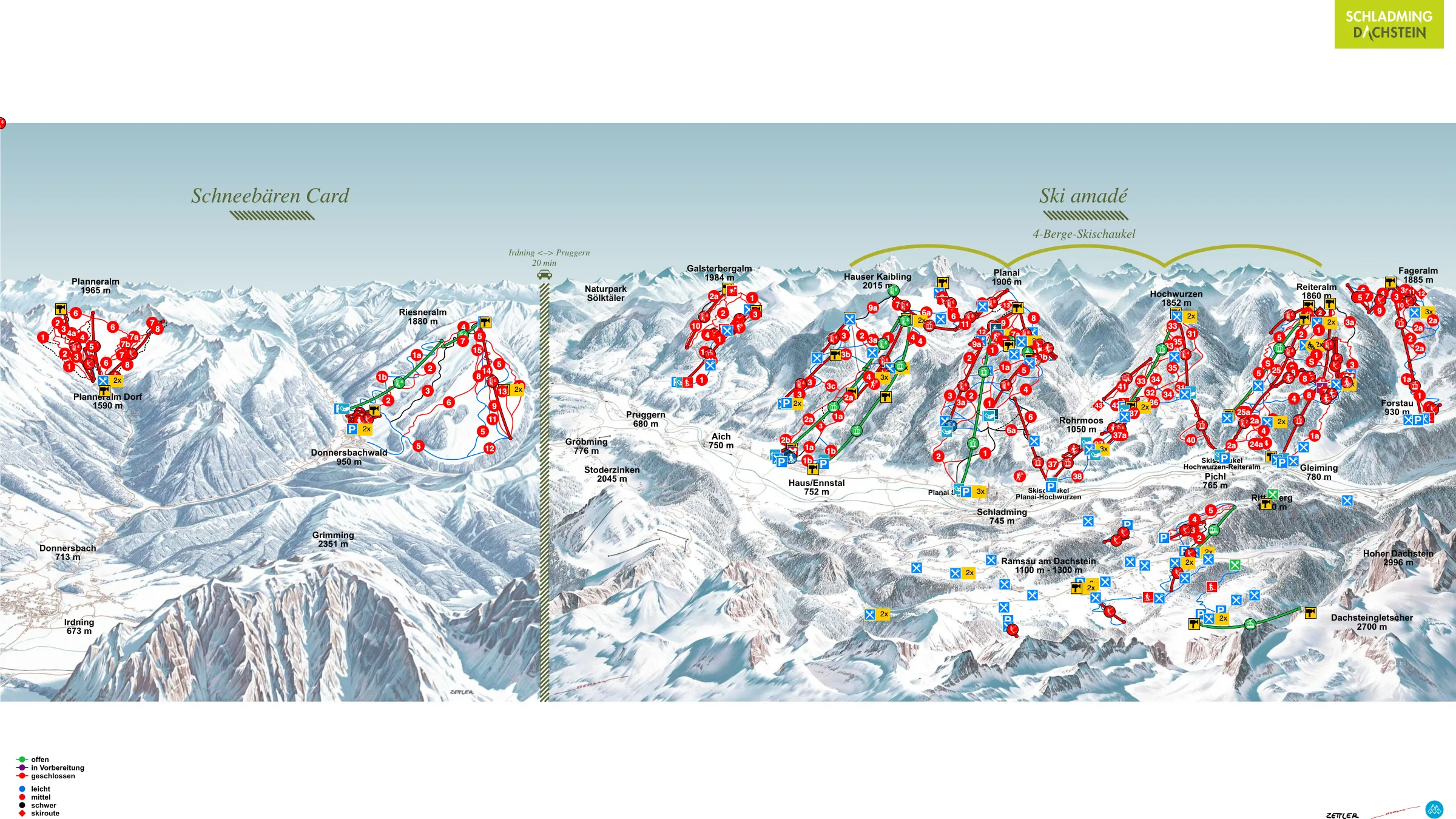 Pistenplan Ramsau am Dachstein (Rittisberg) 2025/26 – Übersichtskarte mit Pisten, Liften und Bergbahnen