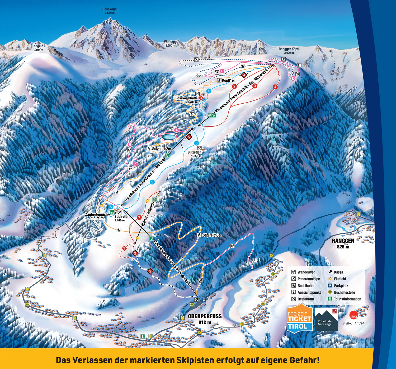 Pistenplan Rangger Köpfl (Oberperfuss) 2024/25 – Übersichtskarte mit Pisten, Liften und Bergbahnen