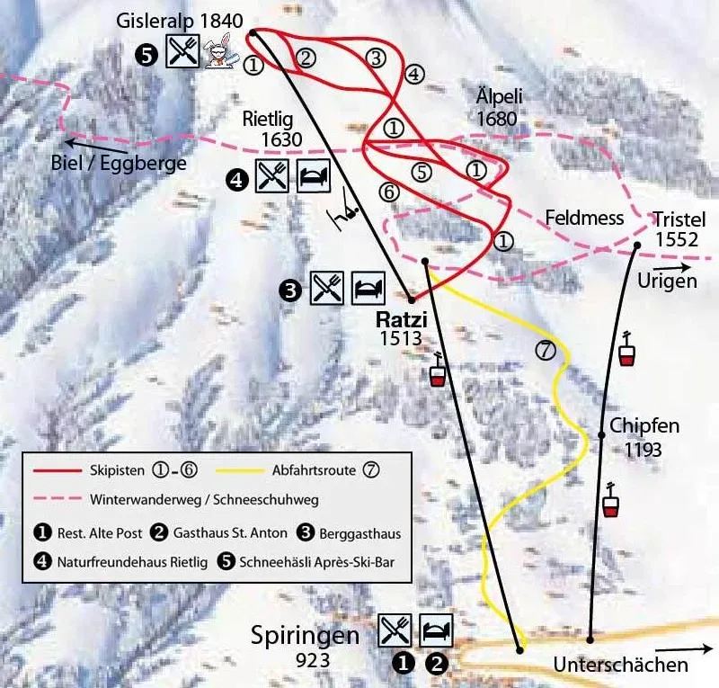 Pistenplan Ratzi (Spiringen) 2025/26 – Übersichtskarte mit Pisten, Liften und Bergbahnen
