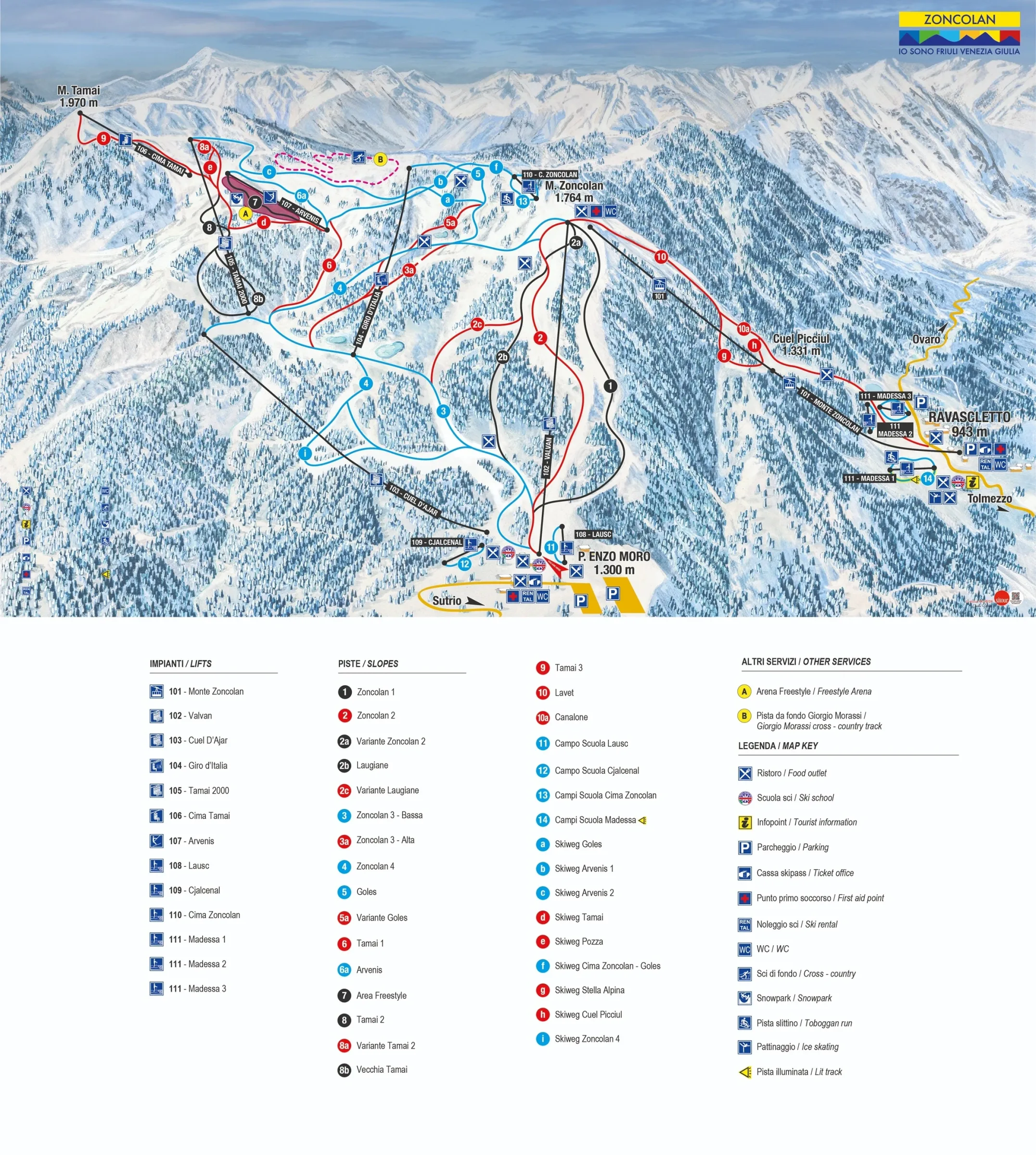 Pistenplan Ravascletto-Zoncolan 2025/26 – Übersichtskarte mit Pisten, Liften und Bergbahnen