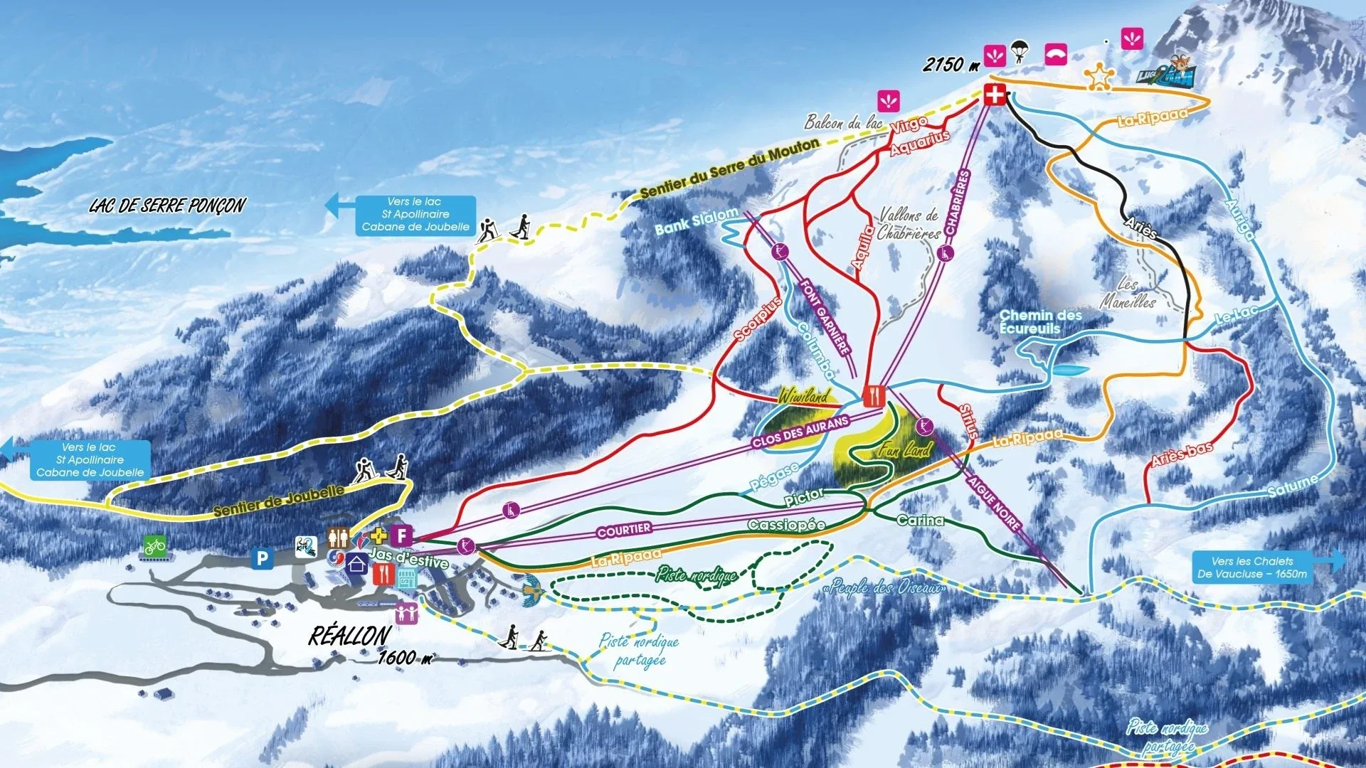 Pistenplan Réallon 2025/26 – Übersichtskarte mit Pisten, Liften und Bergbahnen