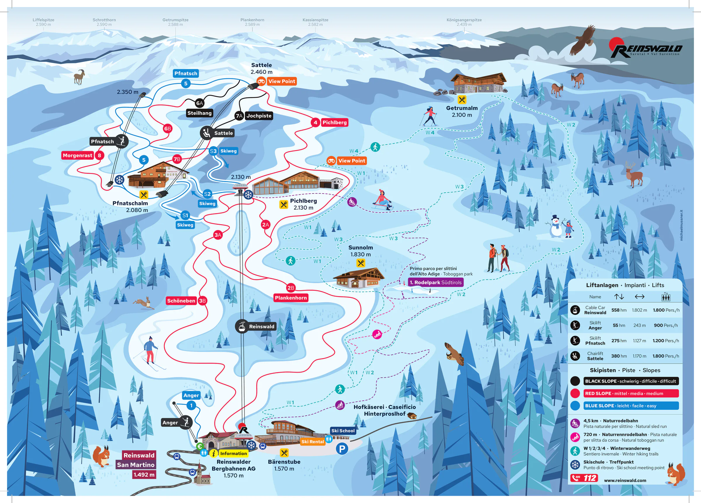Pistenplan Reinswald (Sarntal) 2025/26 – Übersichtskarte mit Pisten, Liften und Bergbahnen