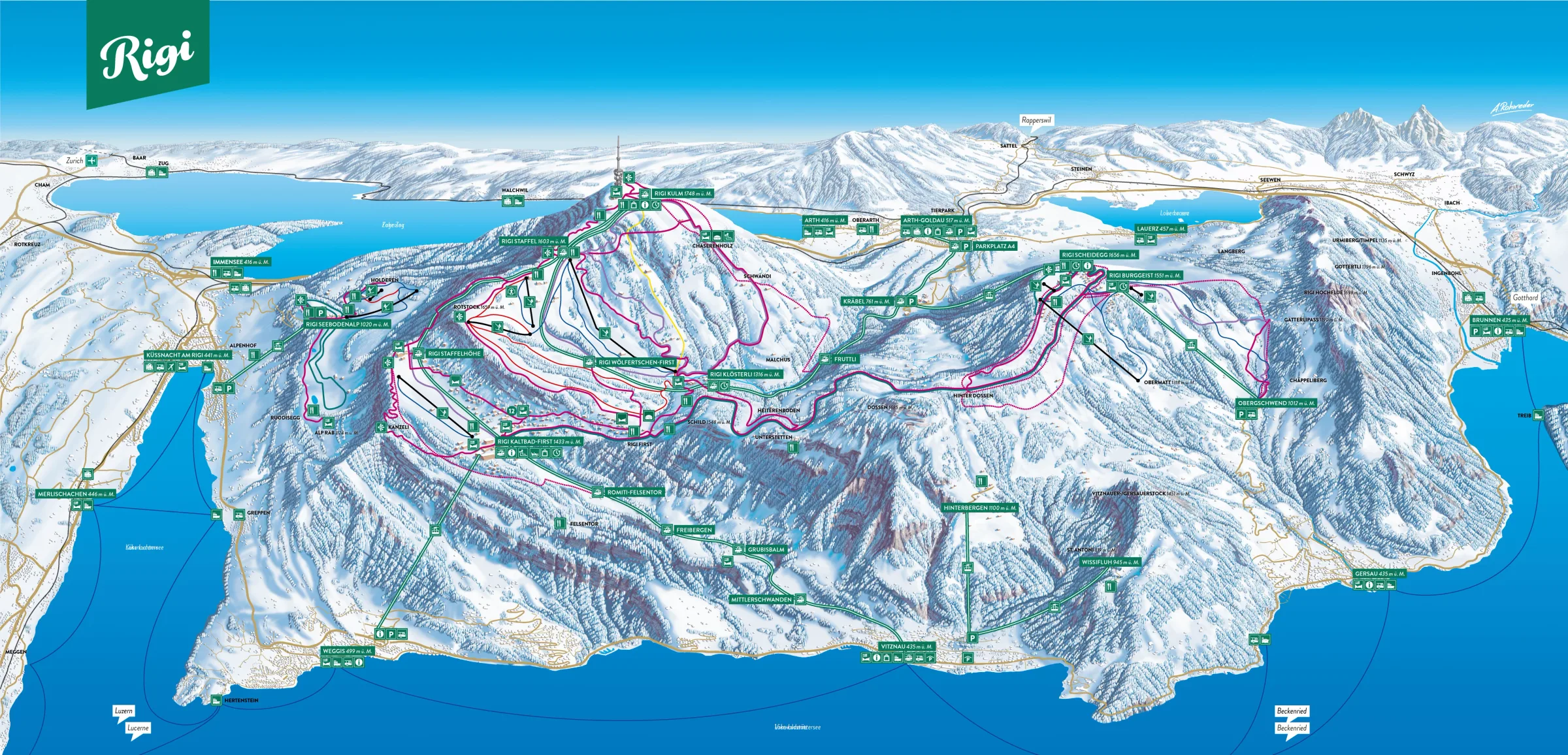 Pistenplan Rigi 2025/26 – Übersichtskarte mit Pisten, Liften und Bergbahnen