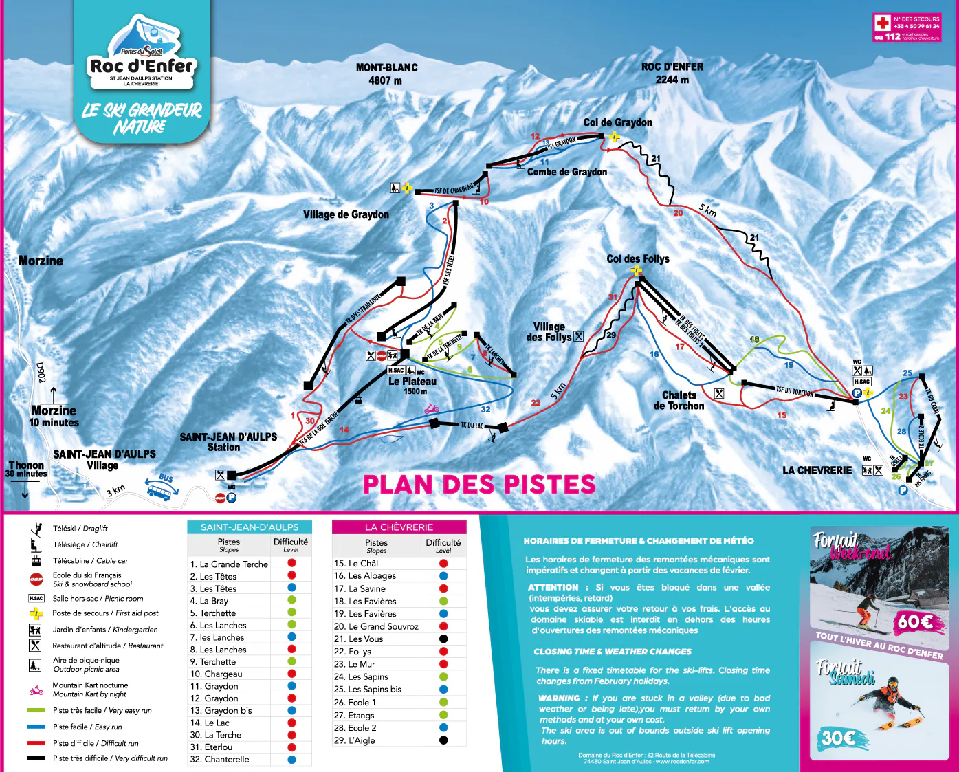 Pistenplan Roc d'Enfer 2025/26 – Übersichtskarte mit Pisten, Liften und Bergbahnen