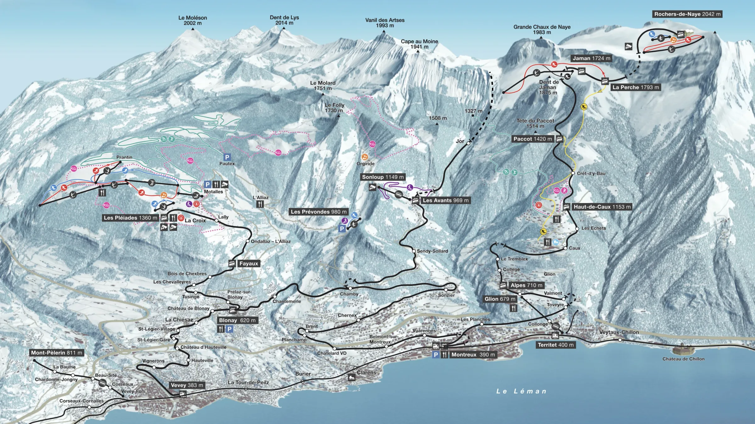 Pistenplan Rochers-de-Naye 2025/26 – Übersichtskarte mit Pisten, Liften und Bergbahnen