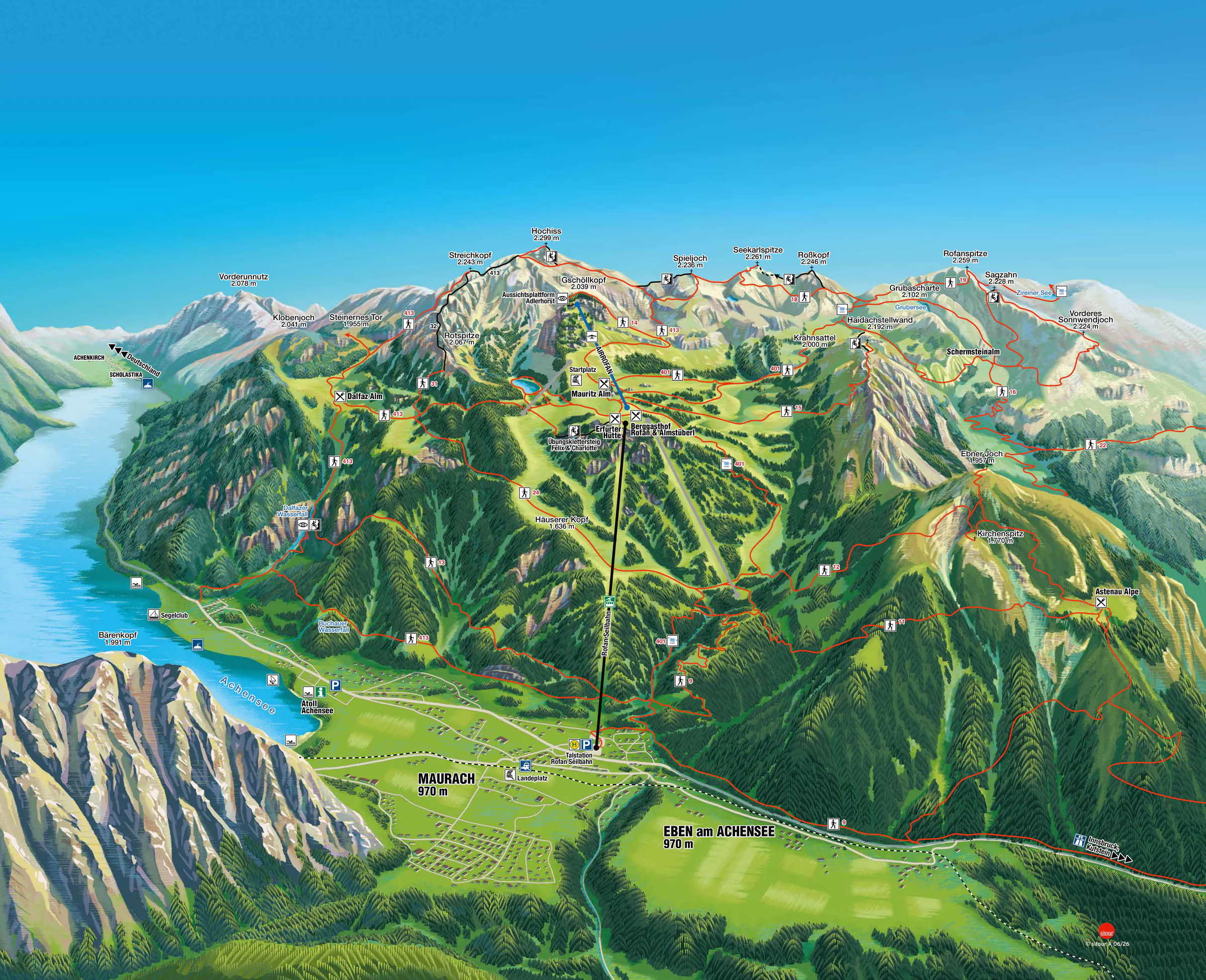 Pistenplan Rofan (Maurach am Achensee) 2026/27 – Übersichtskarte mit Pisten, Liften und Bergbahnen