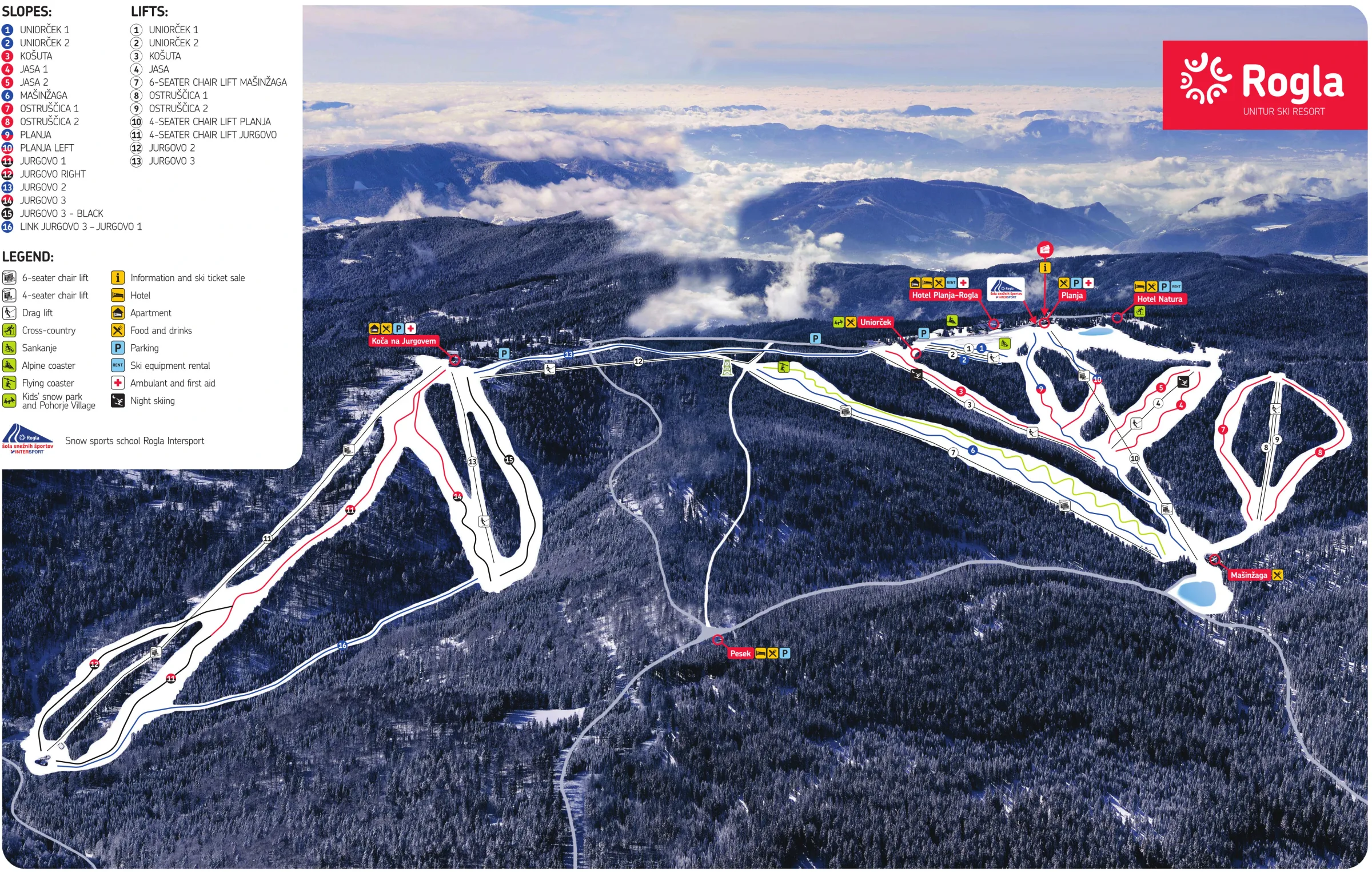 Pistenplan Rogla 2025/26 – Übersichtskarte mit Pisten, Liften und Bergbahnen