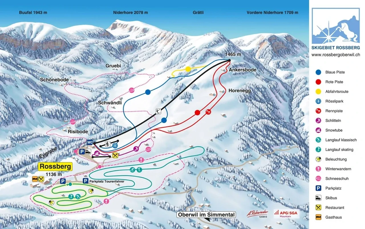 Pistenplan Rossberg (Oberwil im Simmental) 2025/26 – Übersichtskarte mit Pisten, Liften und Bergbahnen