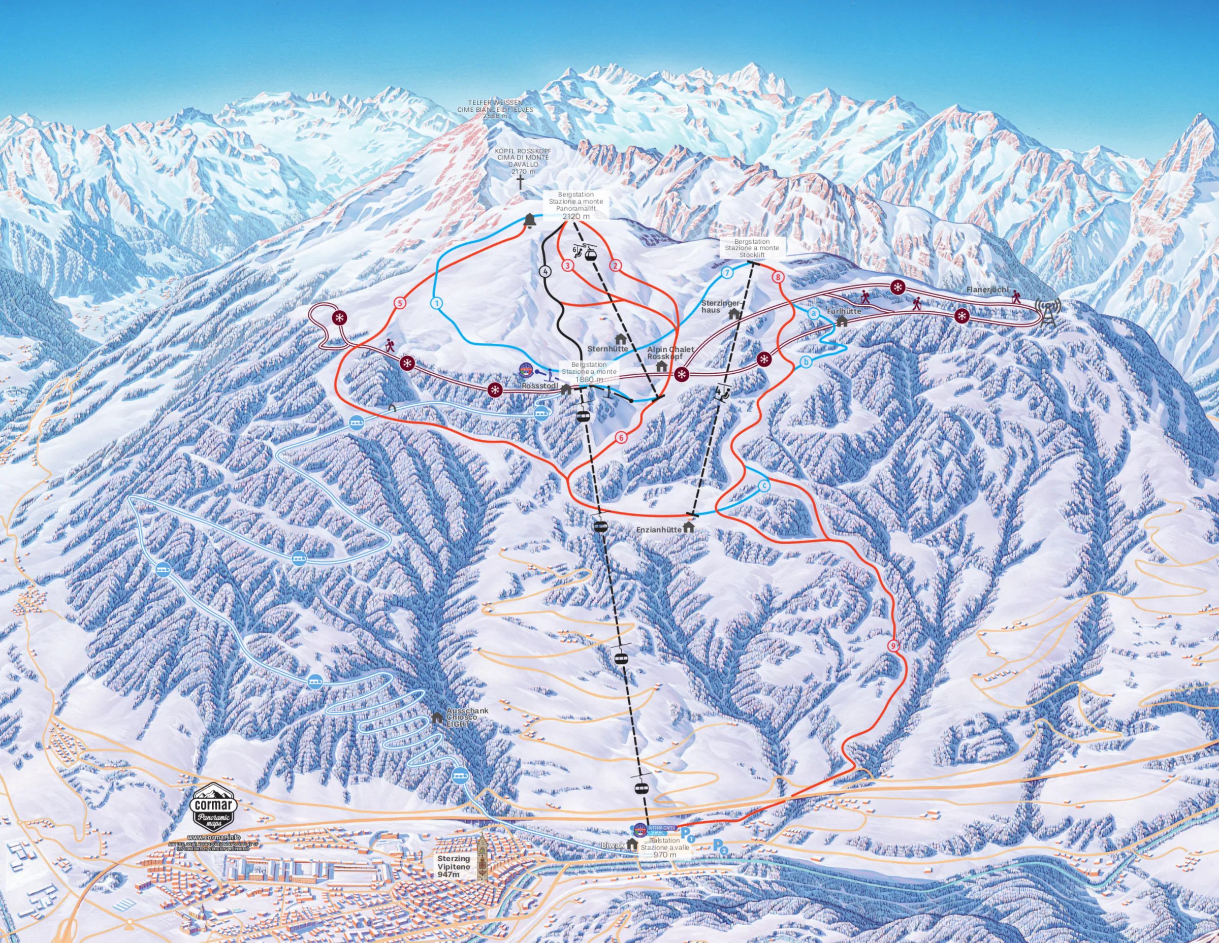 Pistenplan Rosskopf (Sterzing) 2025/26 – Übersichtskarte mit Pisten, Liften und Bergbahnen