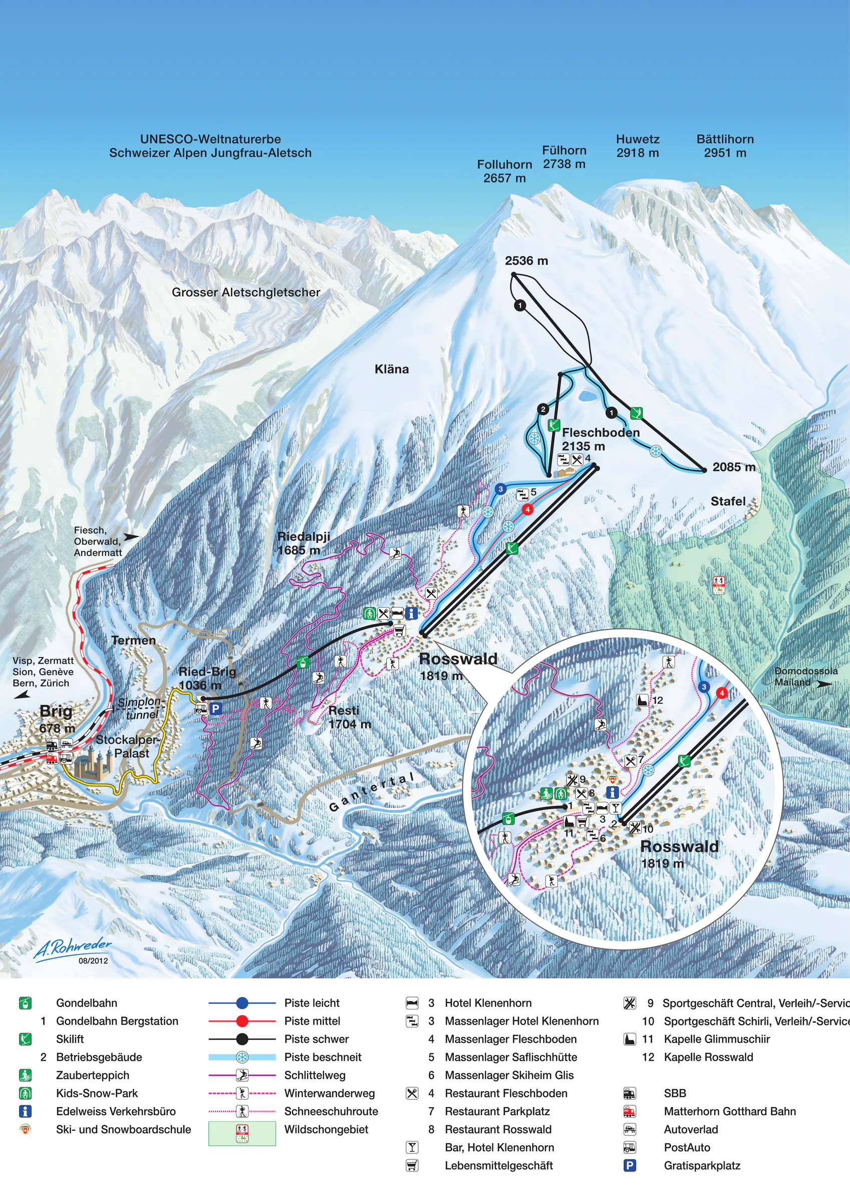 Pistenplan Rosswald 2025/26 – Übersichtskarte mit Pisten, Liften und Bergbahnen