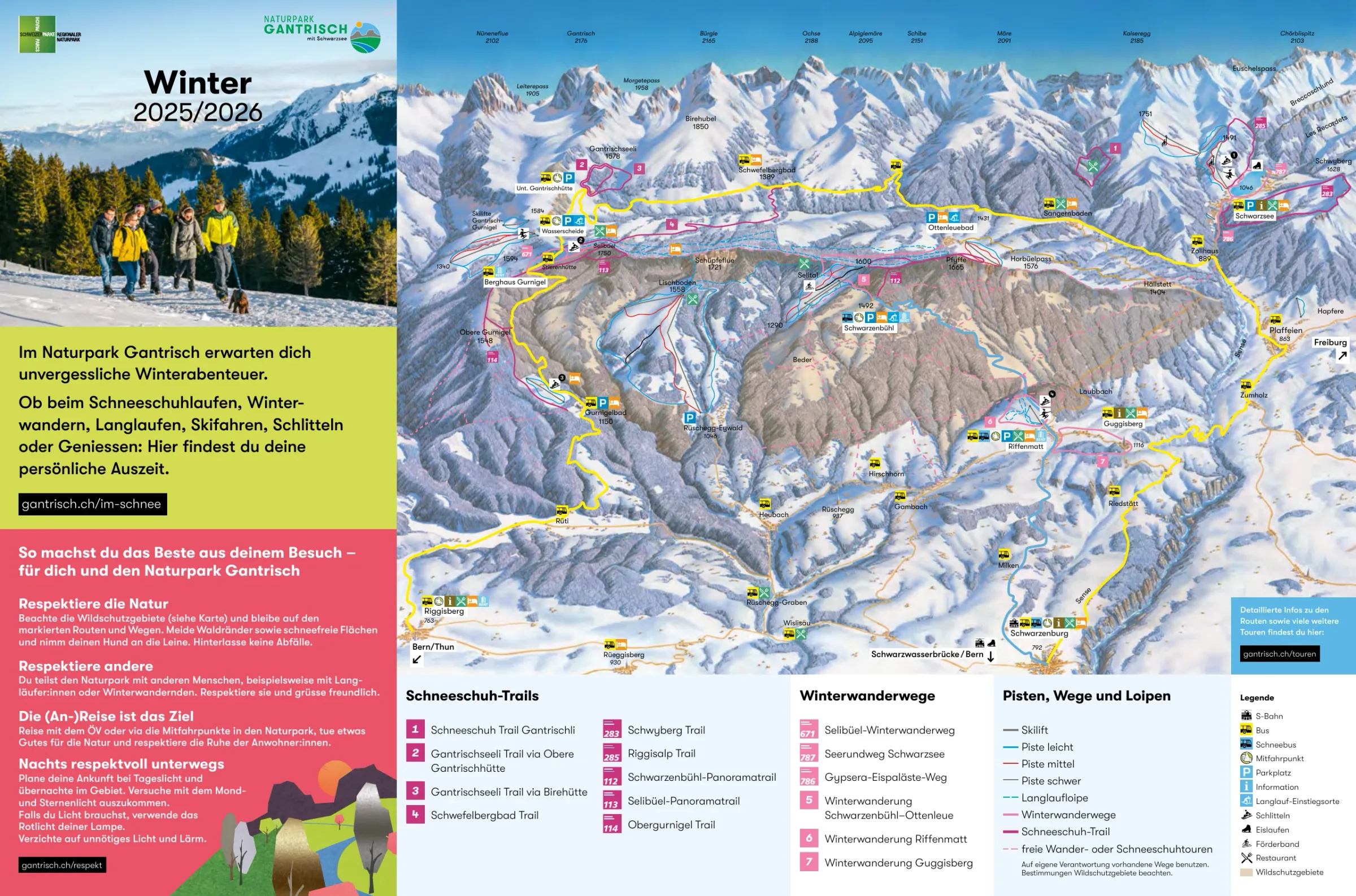 Pistenplan Rüschegg – Eywald 2025/26 – Übersichtskarte mit Pisten, Liften und Bergbahnen