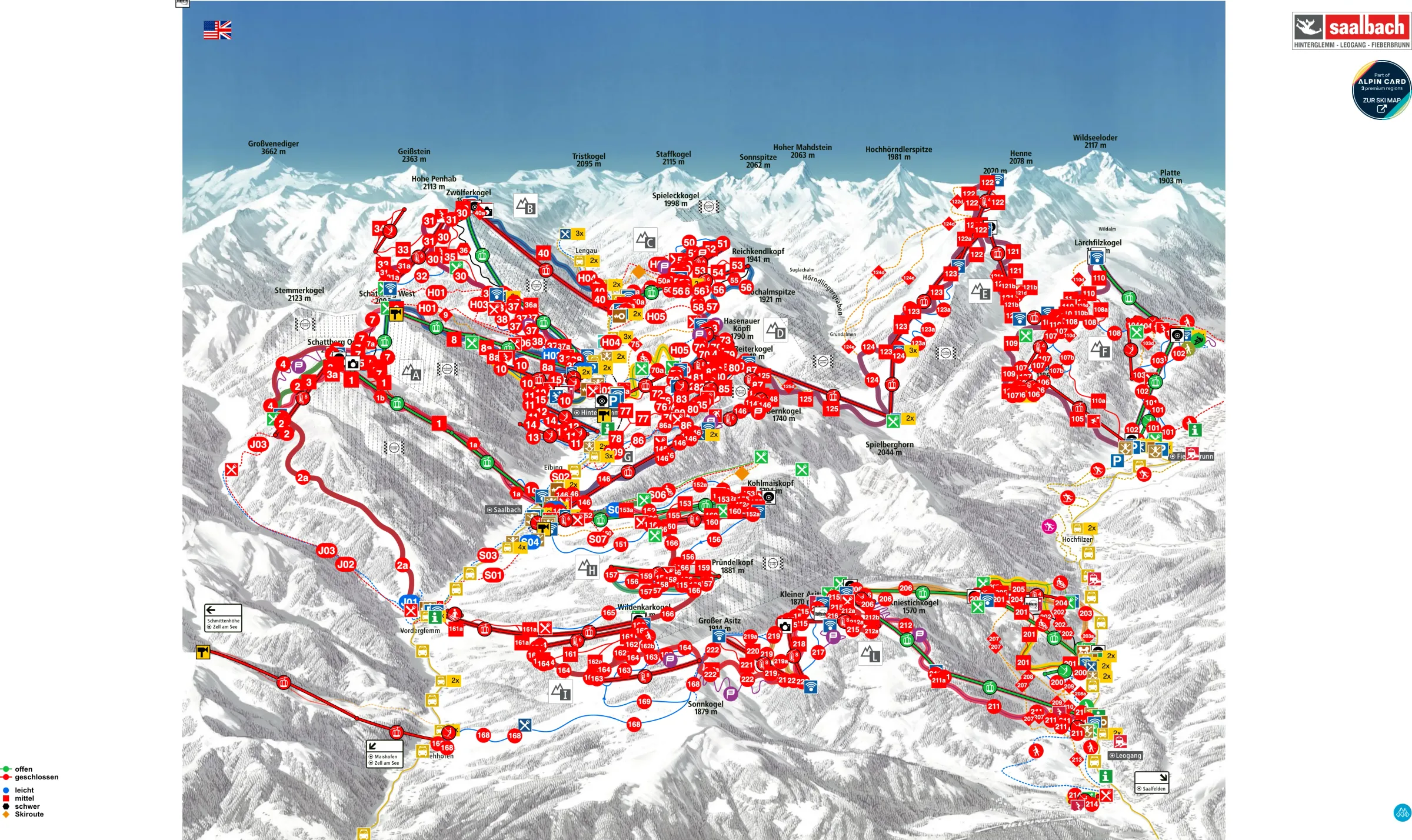 Pistenplan Skicircus Saalbach Hinterglemm Leogang Fieberbrunn 2025/26 – Übersichtskarte mit Pisten, Liften und Bergbahnen