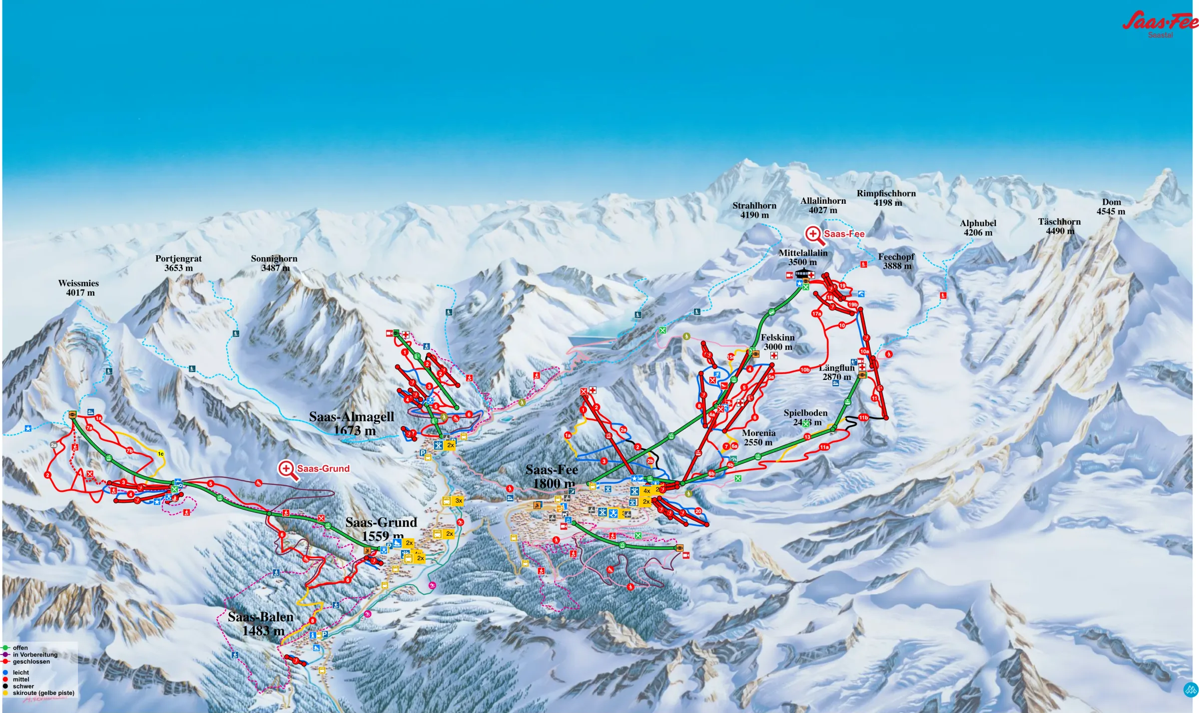 Pistenplan Saas-Balen 2025/26 – Übersichtskarte mit Pisten, Liften und Bergbahnen