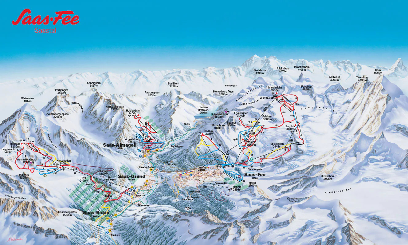 Pistenplan Saas-Fee 2025/26 – Übersichtskarte mit Pisten, Liften und Bergbahnen