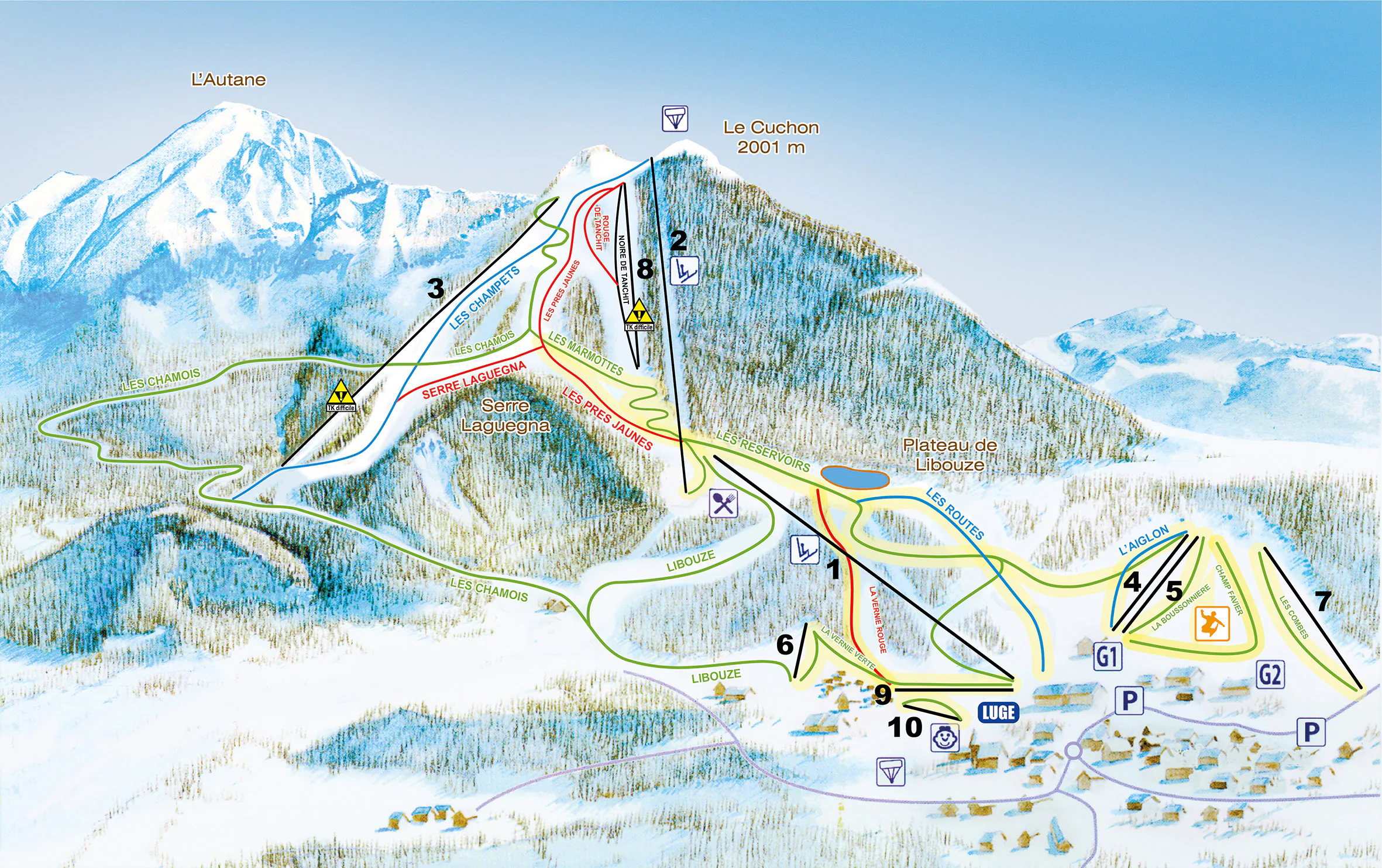 Pistenplan Saint-Léger-les-Mélèzes 2025/26 – Übersichtskarte mit Pisten, Liften und Bergbahnen