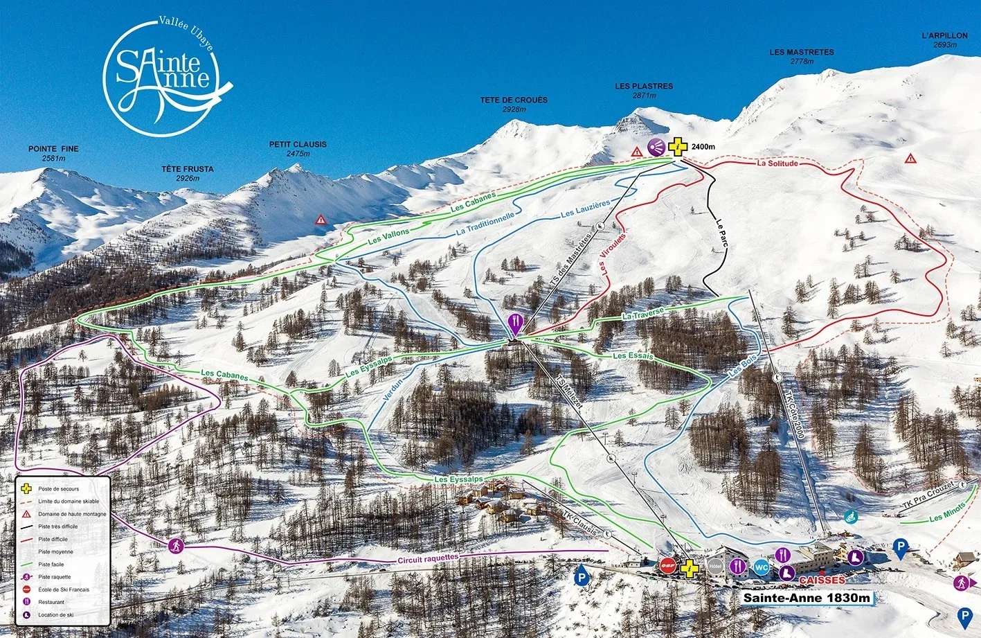Pistenplan Sainte-Anne-la-Condamine 2025/26 – Übersichtskarte mit Pisten, Liften und Bergbahnen