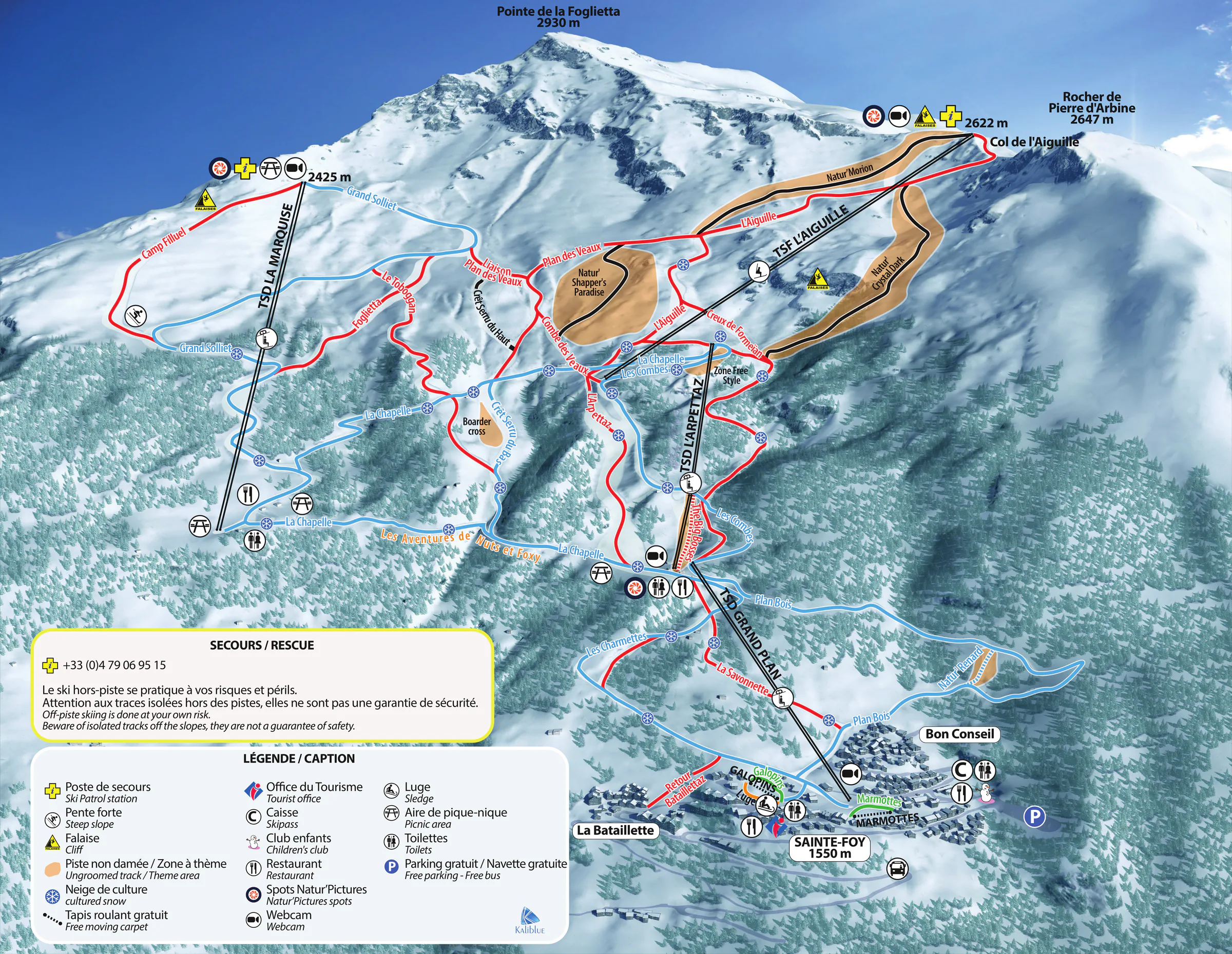 Pistenplan Sainte-Foy Tarentaise 2025/26 – Übersichtskarte mit Pisten, Liften und Bergbahnen