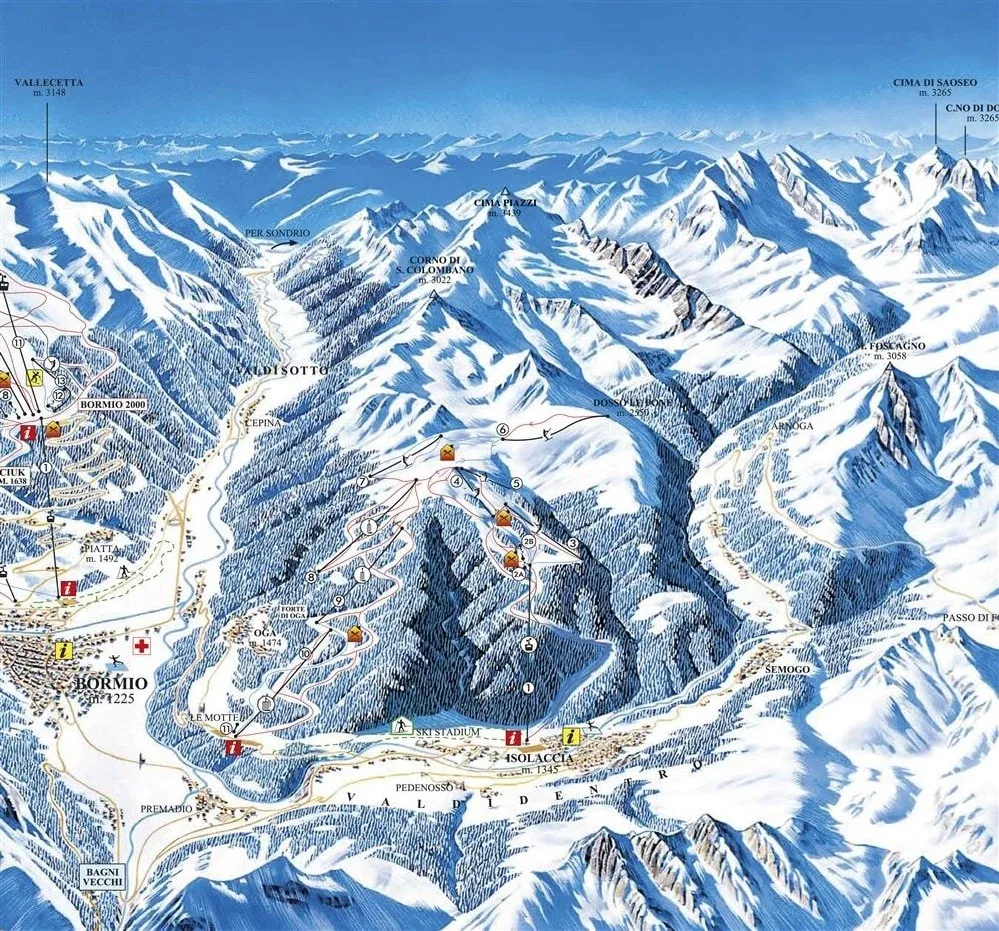 Pistenplan San Colombano (Cima Piazzi) 2025/26 – Übersichtskarte mit Pisten, Liften und Bergbahnen