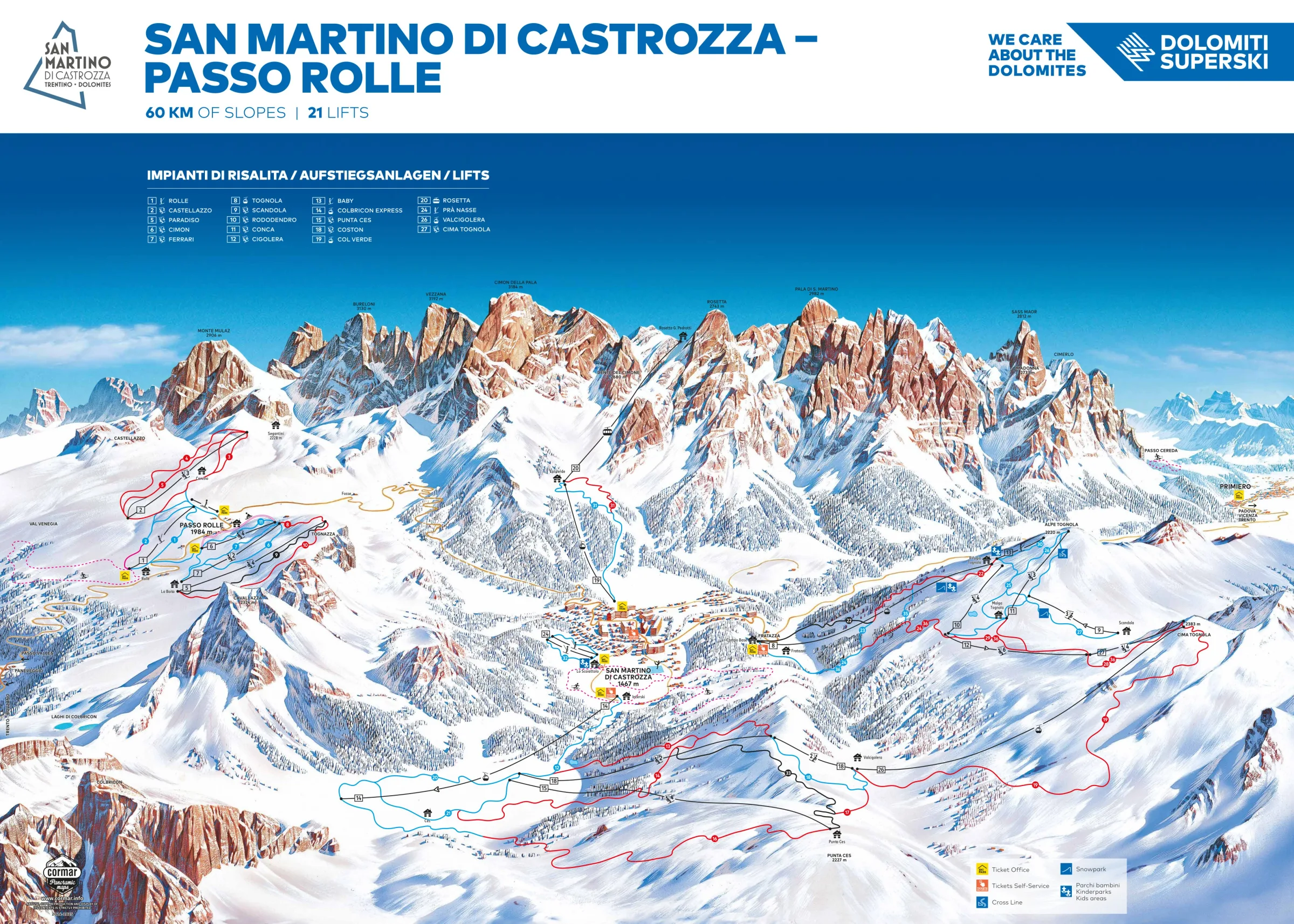 Pistenplan San Martino di Castrozza – Passo Rolle 2025/26 – Übersichtskarte mit Pisten, Liften und Bergbahnen