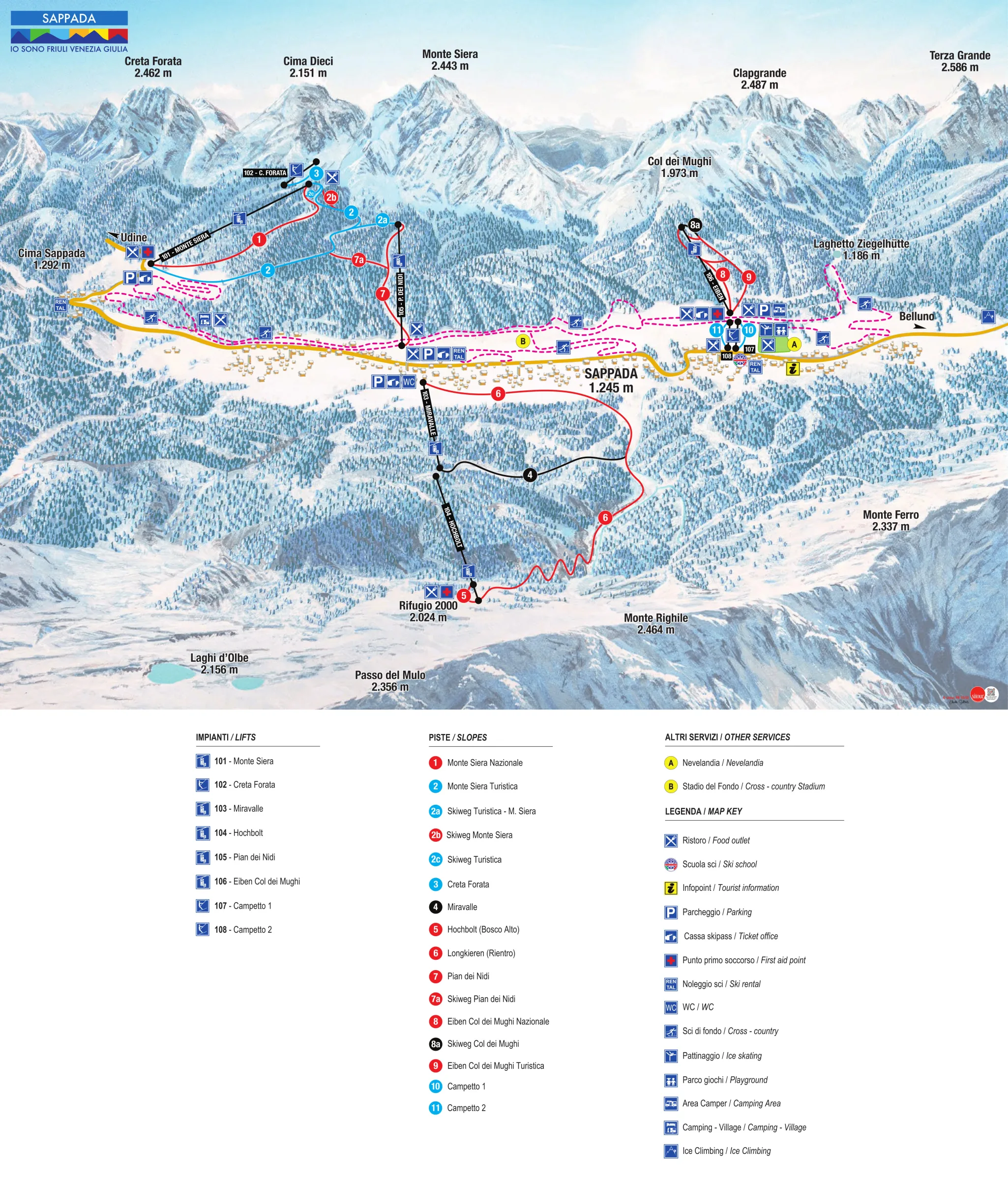 Pistenplan Sappada 2025/26 – Übersichtskarte mit Pisten, Liften und Bergbahnen