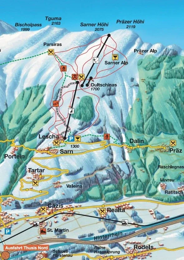 Pistenplan Sarn Heinzenberg 2025/26 – Übersichtskarte mit Pisten, Liften und Bergbahnen
