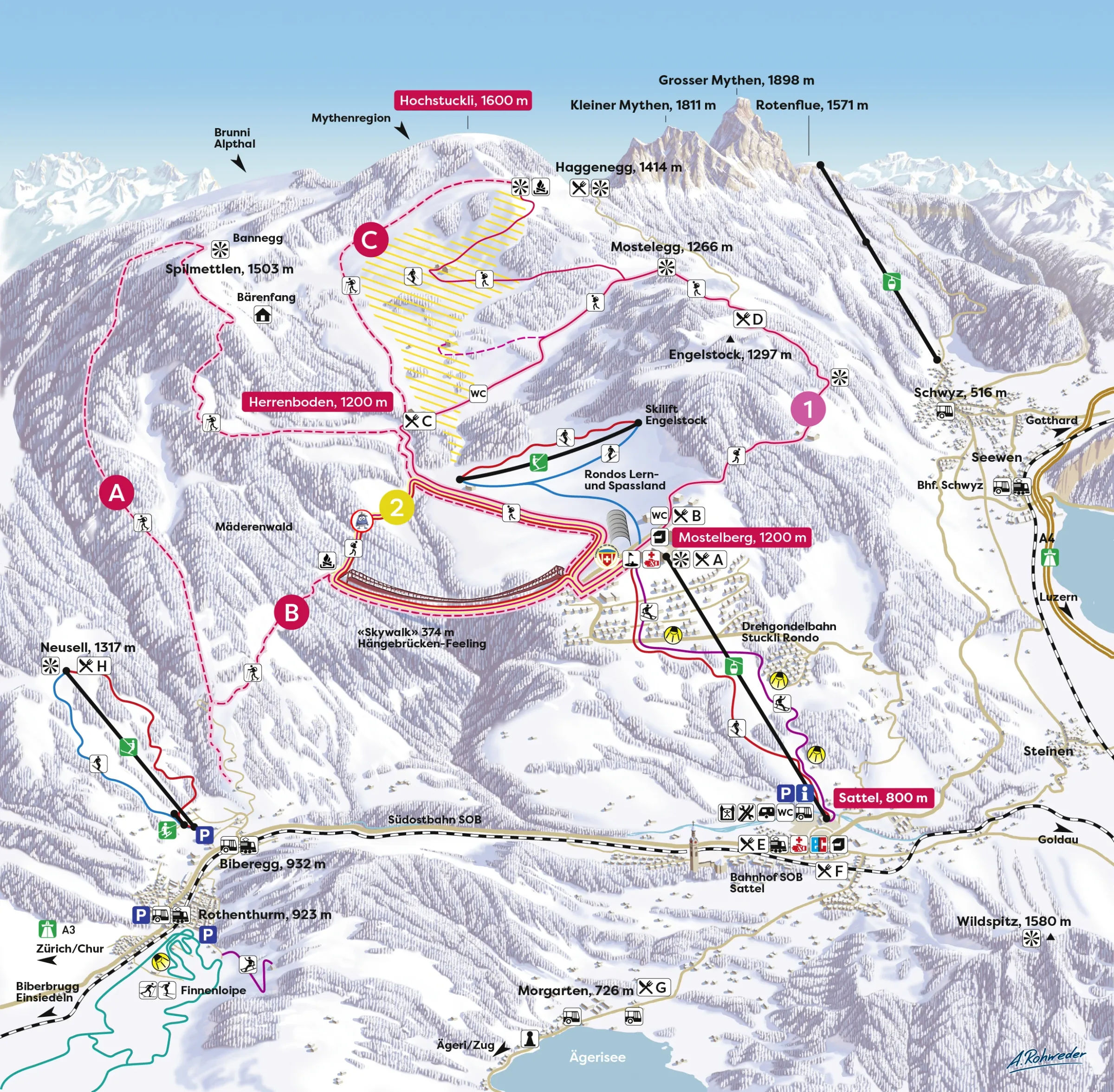 Pistenplan Sattel-Hochstuckli 2025/26 – Übersichtskarte mit Pisten, Liften und Bergbahnen