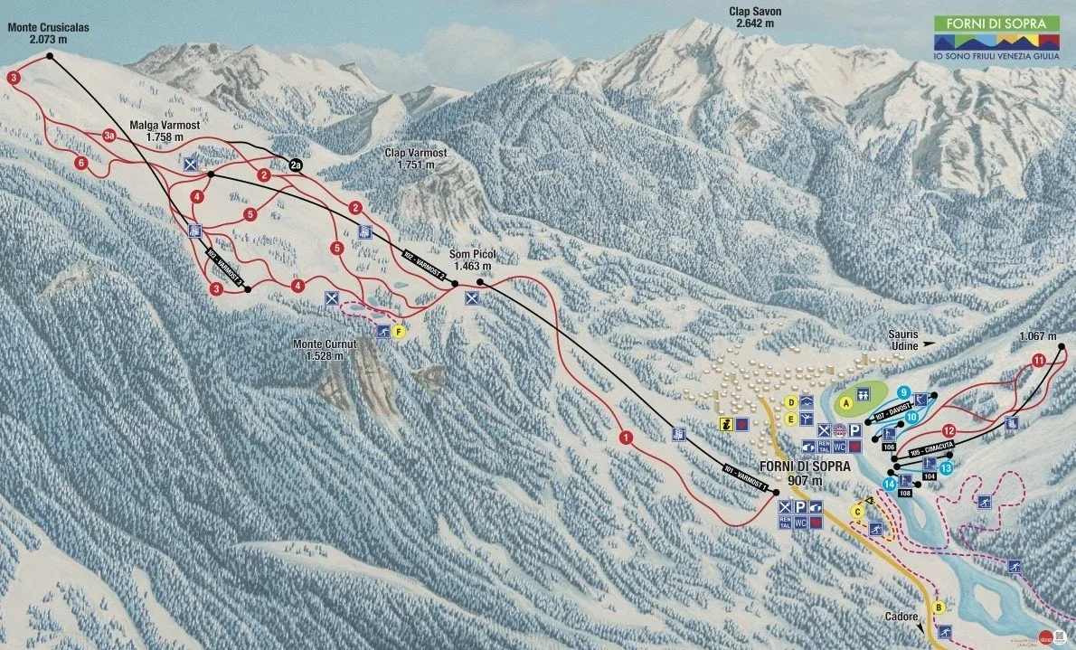 Pistenplan Sauris 2025/26 – Übersichtskarte mit Pisten, Liften und Bergbahnen