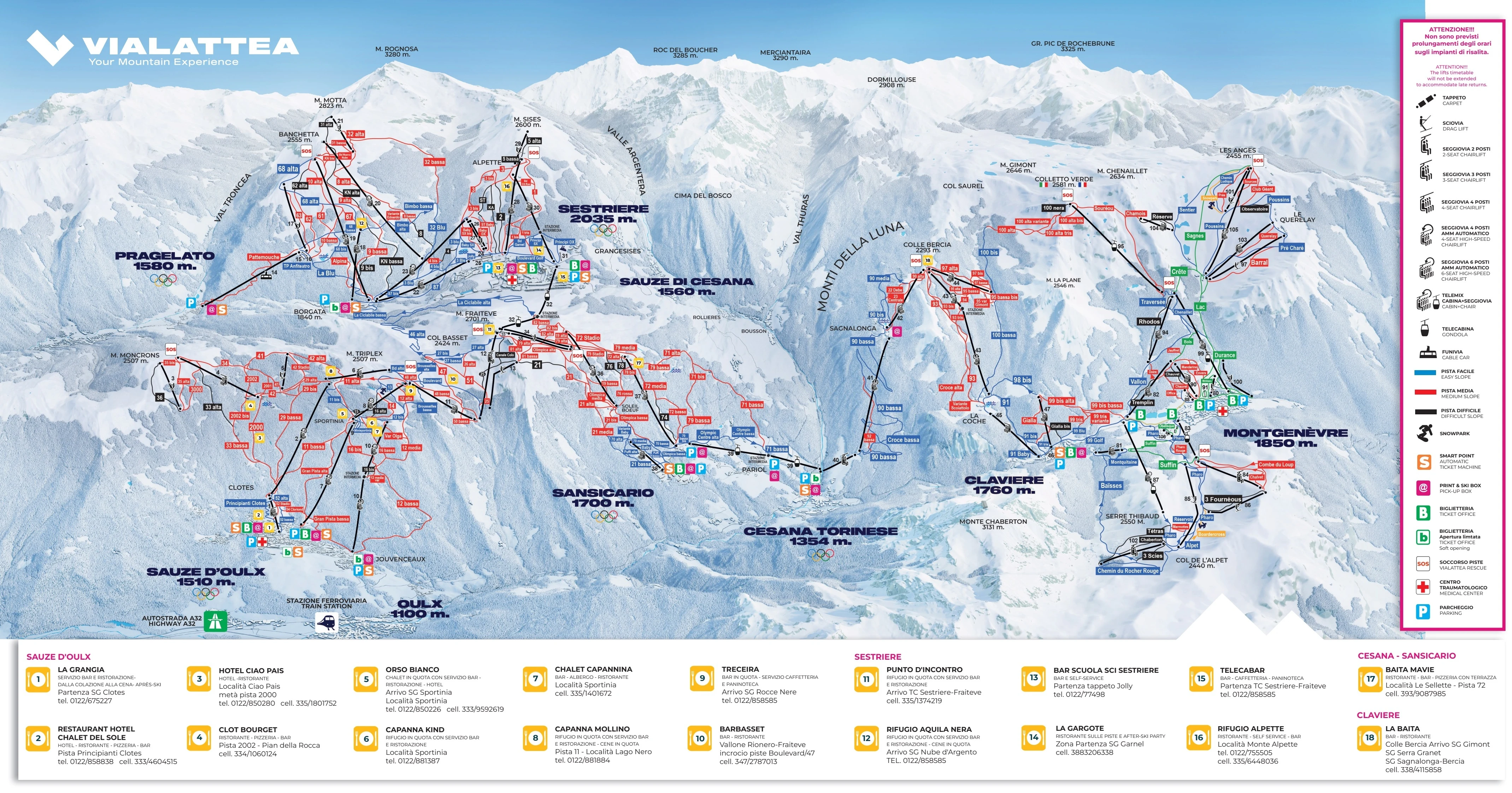 Pistenplan Sauze d'Oulx 2025/26 – Übersichtskarte mit Pisten, Liften und Bergbahnen
