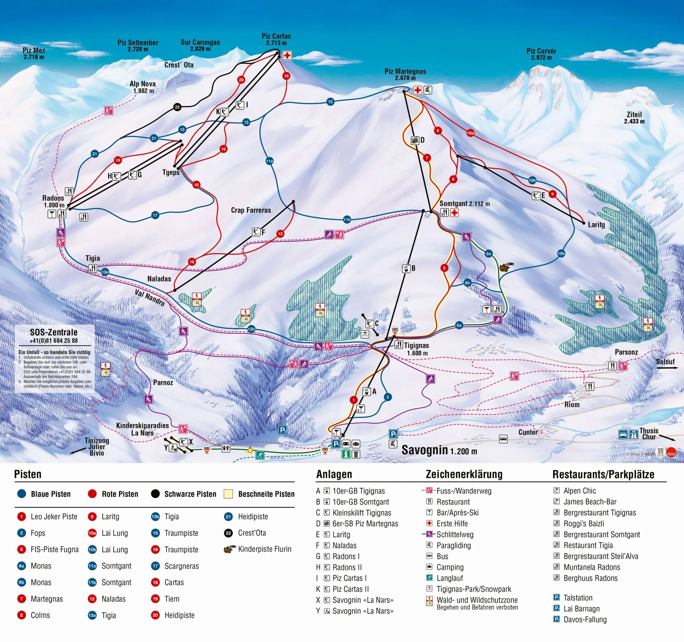 Pistenplan Savognin 2025/26 – Übersichtskarte mit Pisten, Liften und Bergbahnen