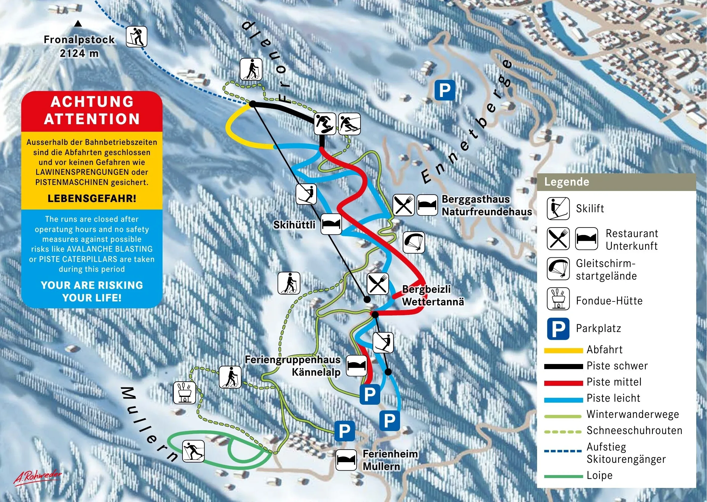 Pistenplan Schilt (Mollis/Ennenda) 2025/26 – Übersichtskarte mit Pisten, Liften und Bergbahnen