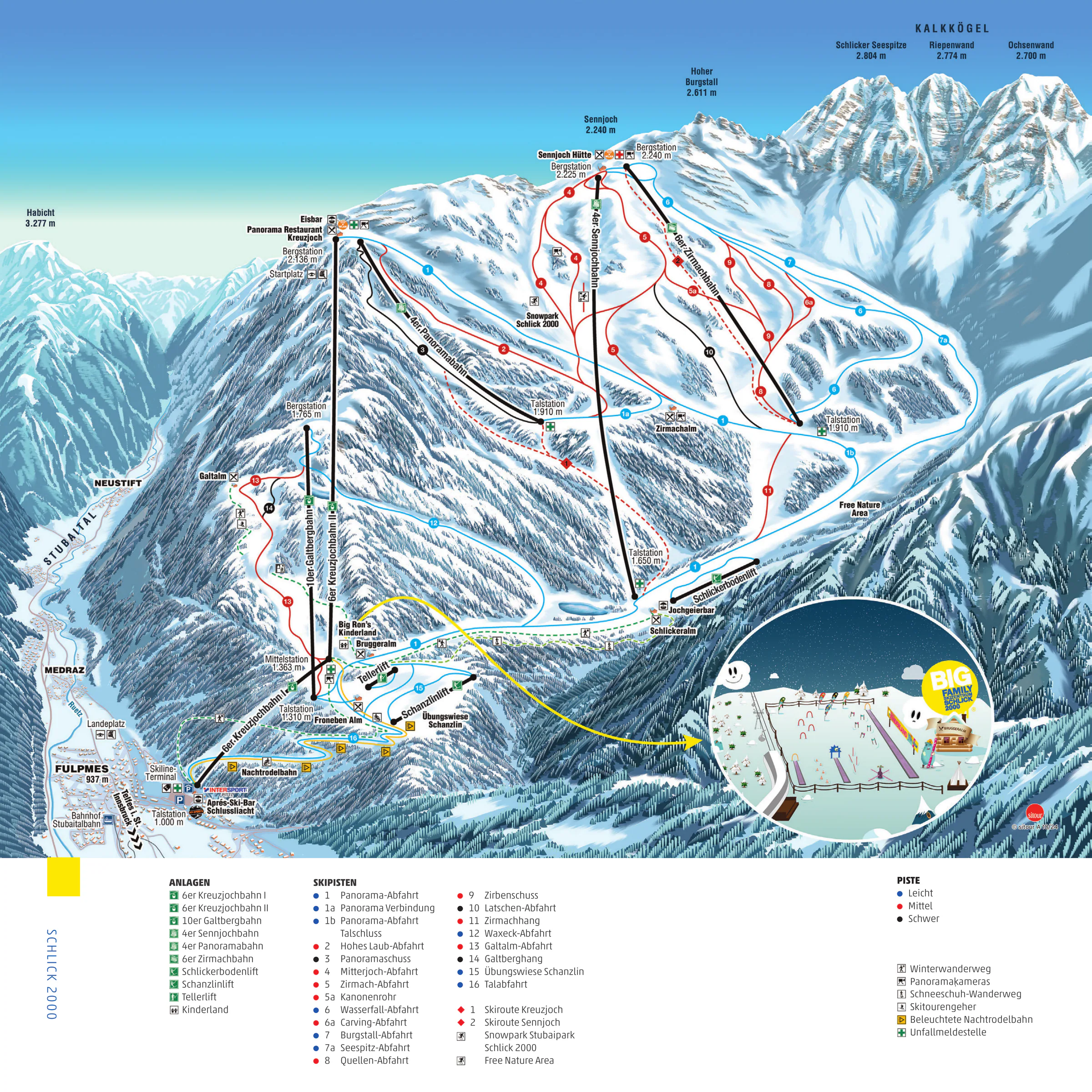 Pistenplan Schlick 2000 (Fulpmes) 2024/25 – Übersichtskarte mit Pisten, Liften und Bergbahnen