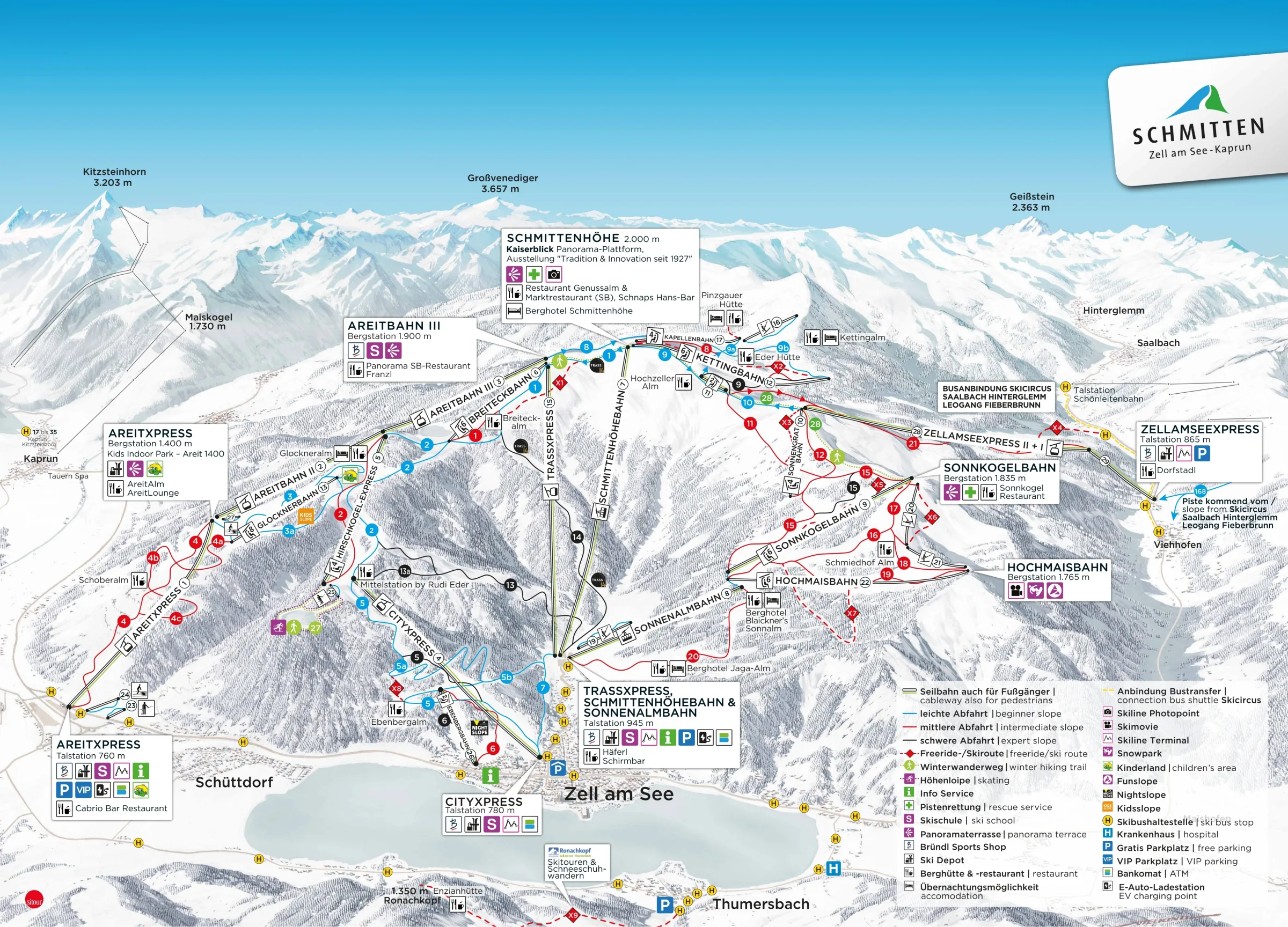 Pistenplan Schmittenhöhe (Zell am See) 2025/26 – Übersichtskarte mit Pisten, Liften und Bergbahnen