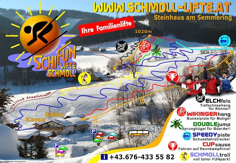 Pistenplan Schmoll Lifte (Steinhaus am Semmering) 2025/26 – Übersichtskarte mit Pisten, Liften und Bergbahnen