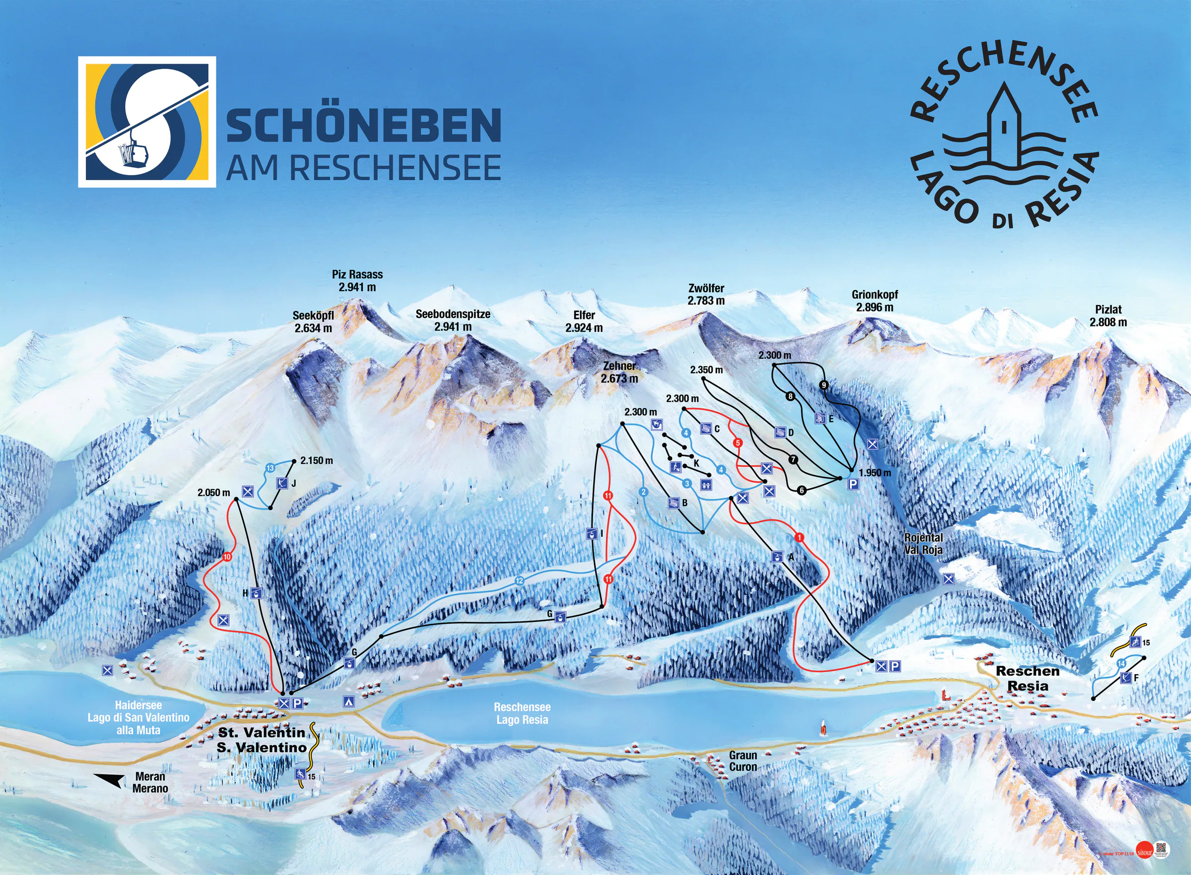 Pistenplan Schöneben–Haideralm (Reschen) 2025/26 – Übersichtskarte mit Pisten, Liften und Bergbahnen