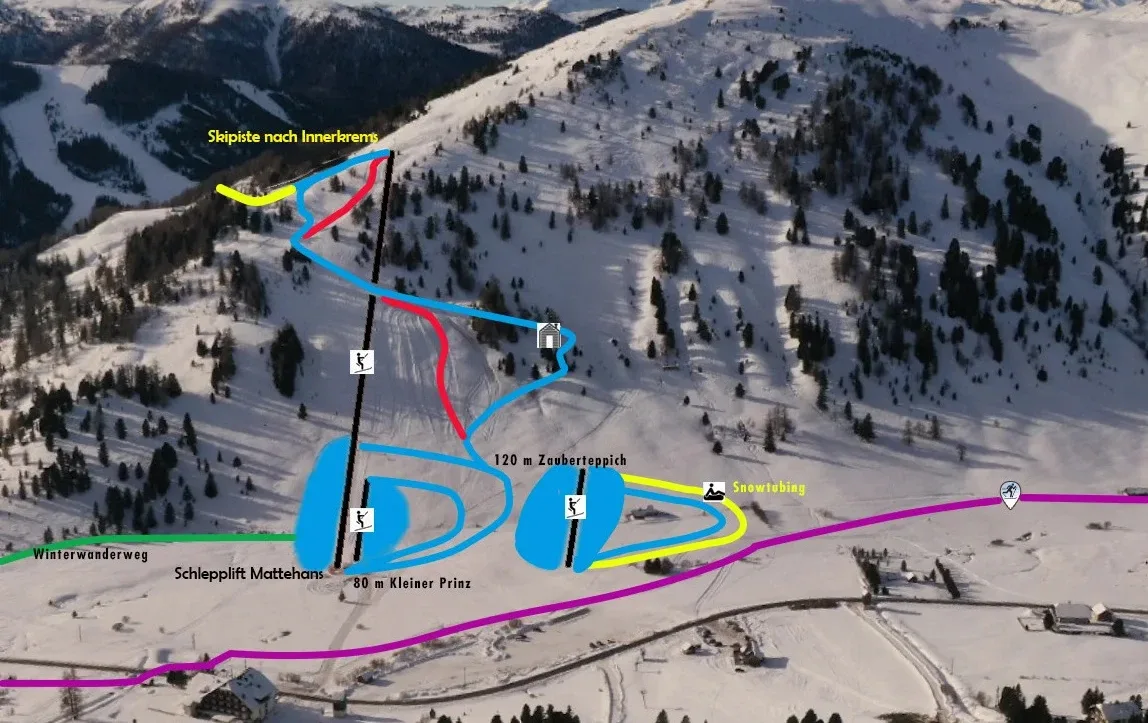Pistenplan Schönfeld (Thomatal) 2025/26 – Übersichtskarte mit Pisten, Liften und Bergbahnen