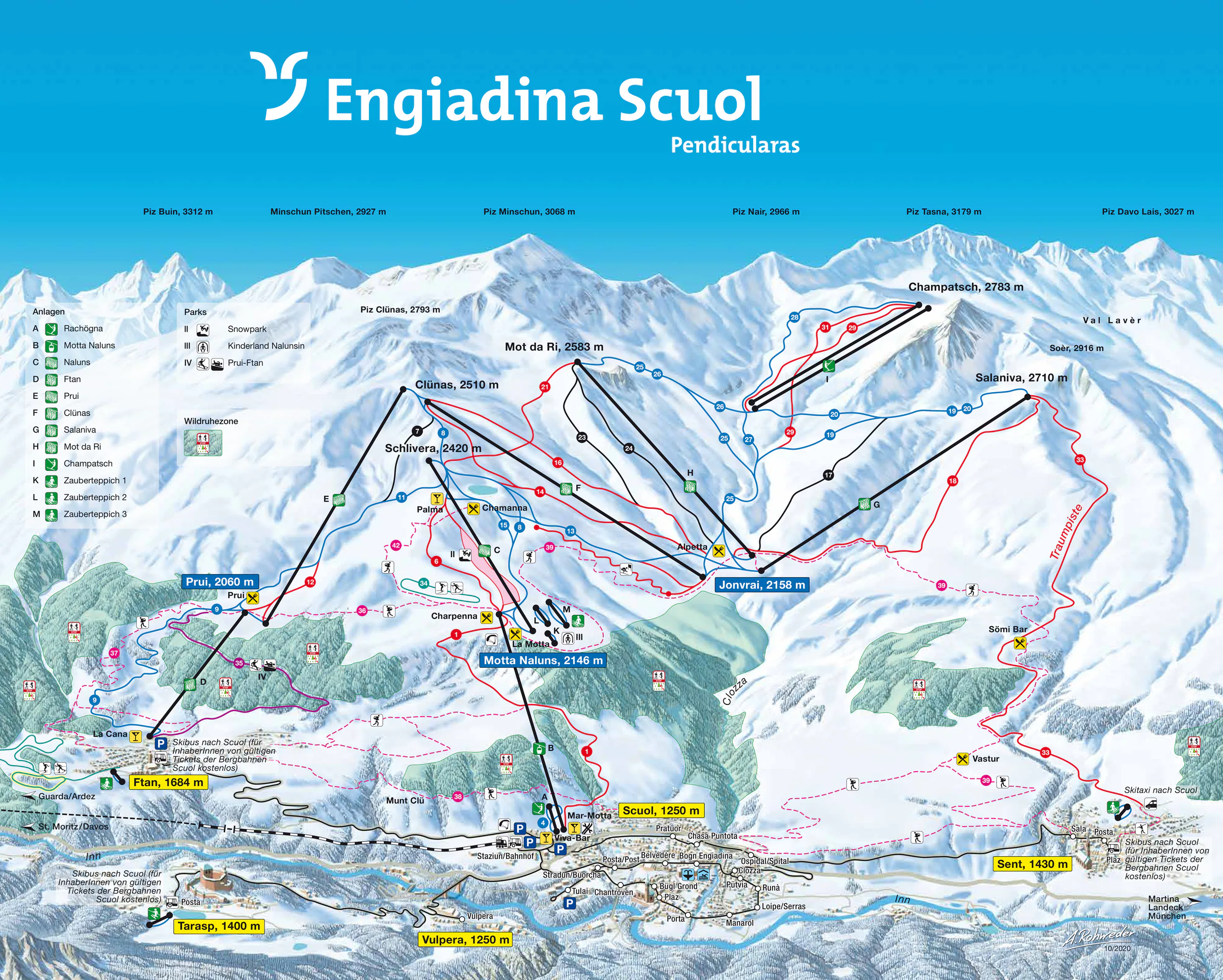 Pistenplan Scuol – Motta Naluns 2025/26 – Übersichtskarte mit Pisten, Liften und Bergbahnen